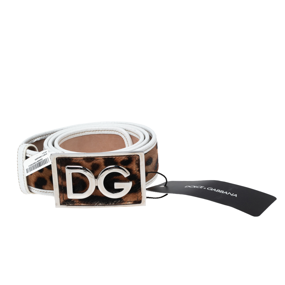 

Dolce & Gabbana White/Brown Leopard Calf Hair and Leather Logo Plaque Belt