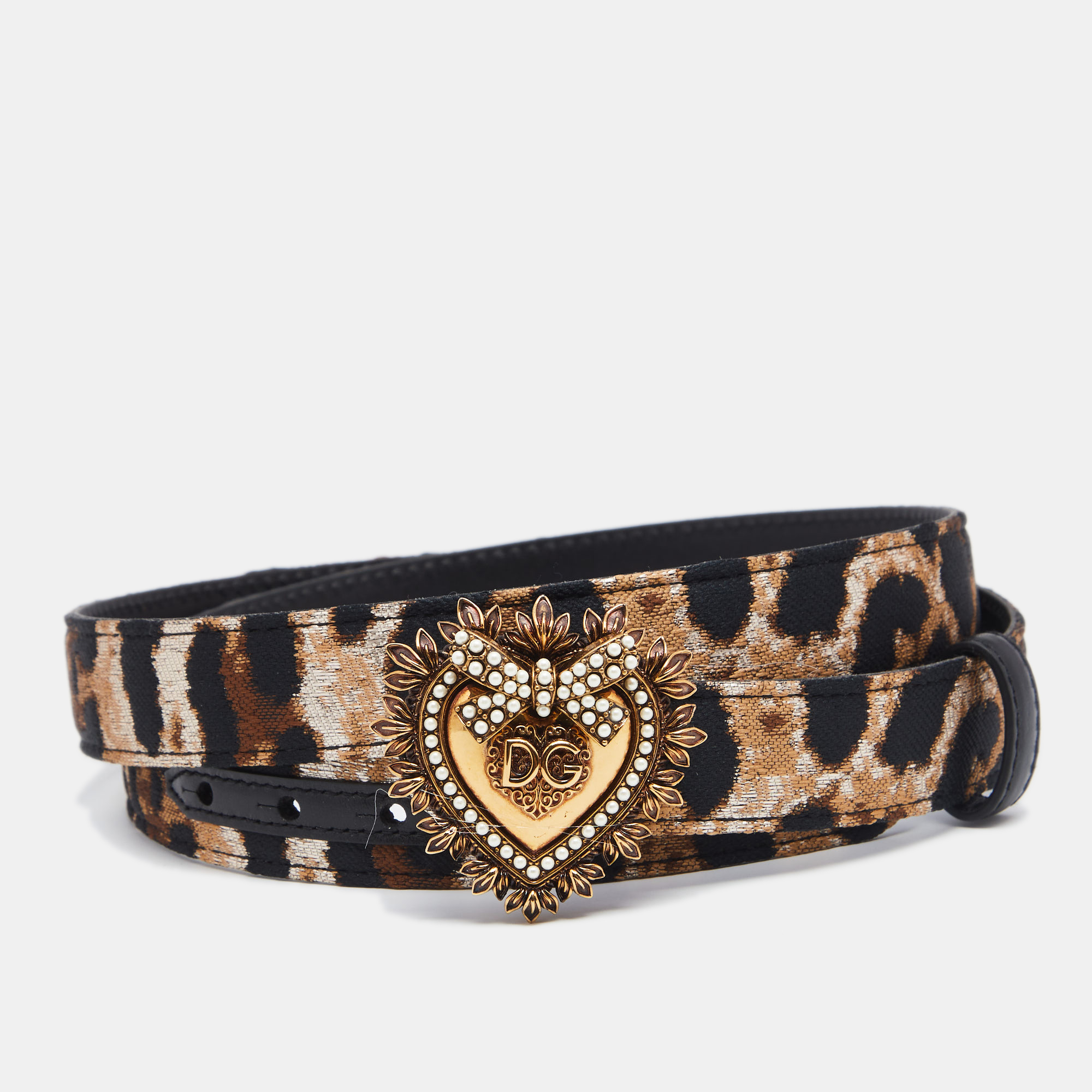Pre Owned Dolce & Gabbana Brown/Black Leopard Print Fabric Devotion Belt 95CM