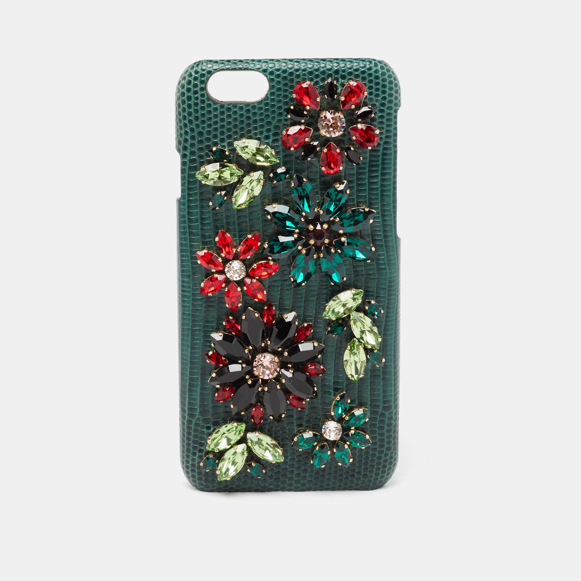 Pre-owned Dolce & Gabbana Green Lizard Embossed Leather Crystal Embellished Iphone 6 Case
