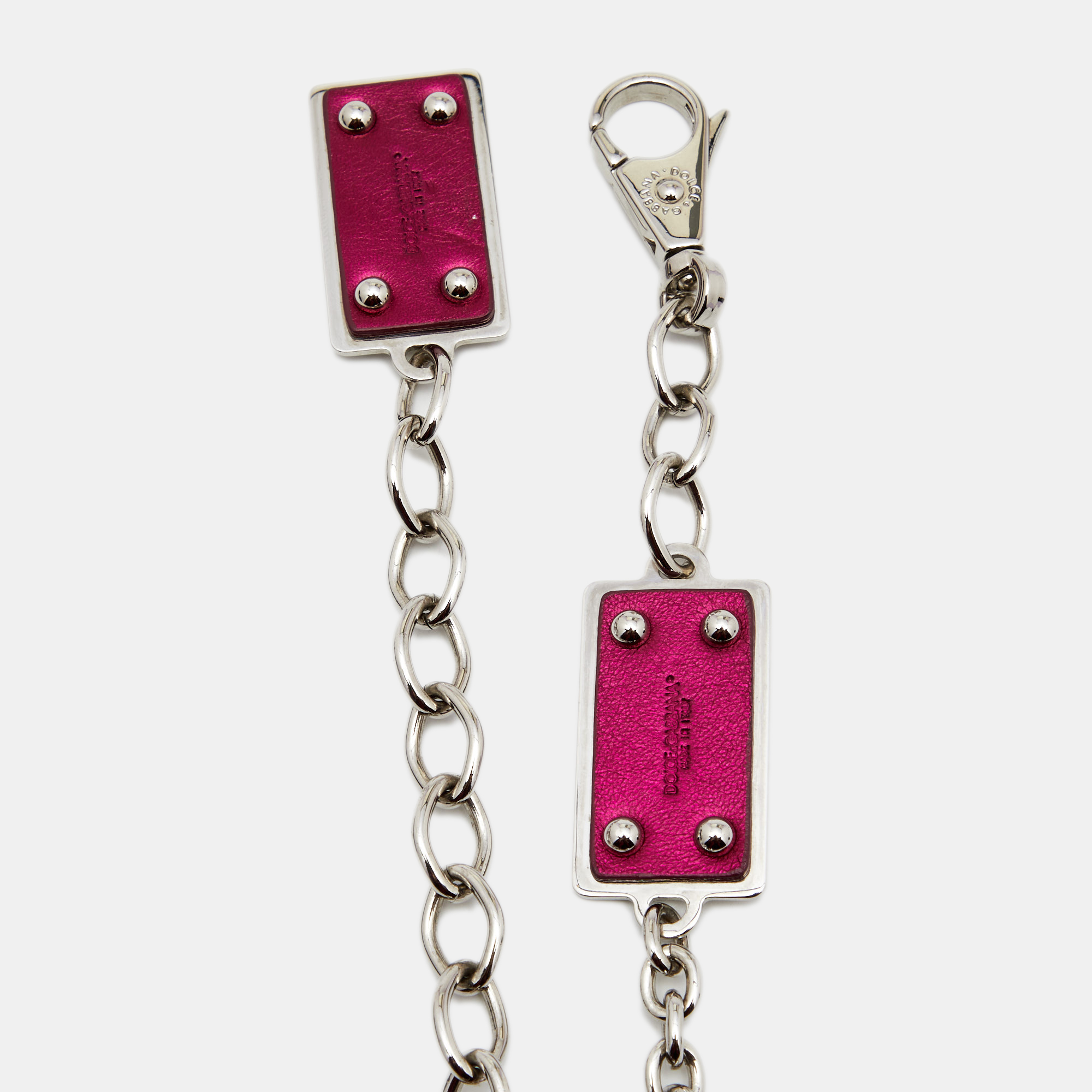 

Dolce & Gabbana Pink/Silver Leather and Metal Logo Plaque Chain Belt