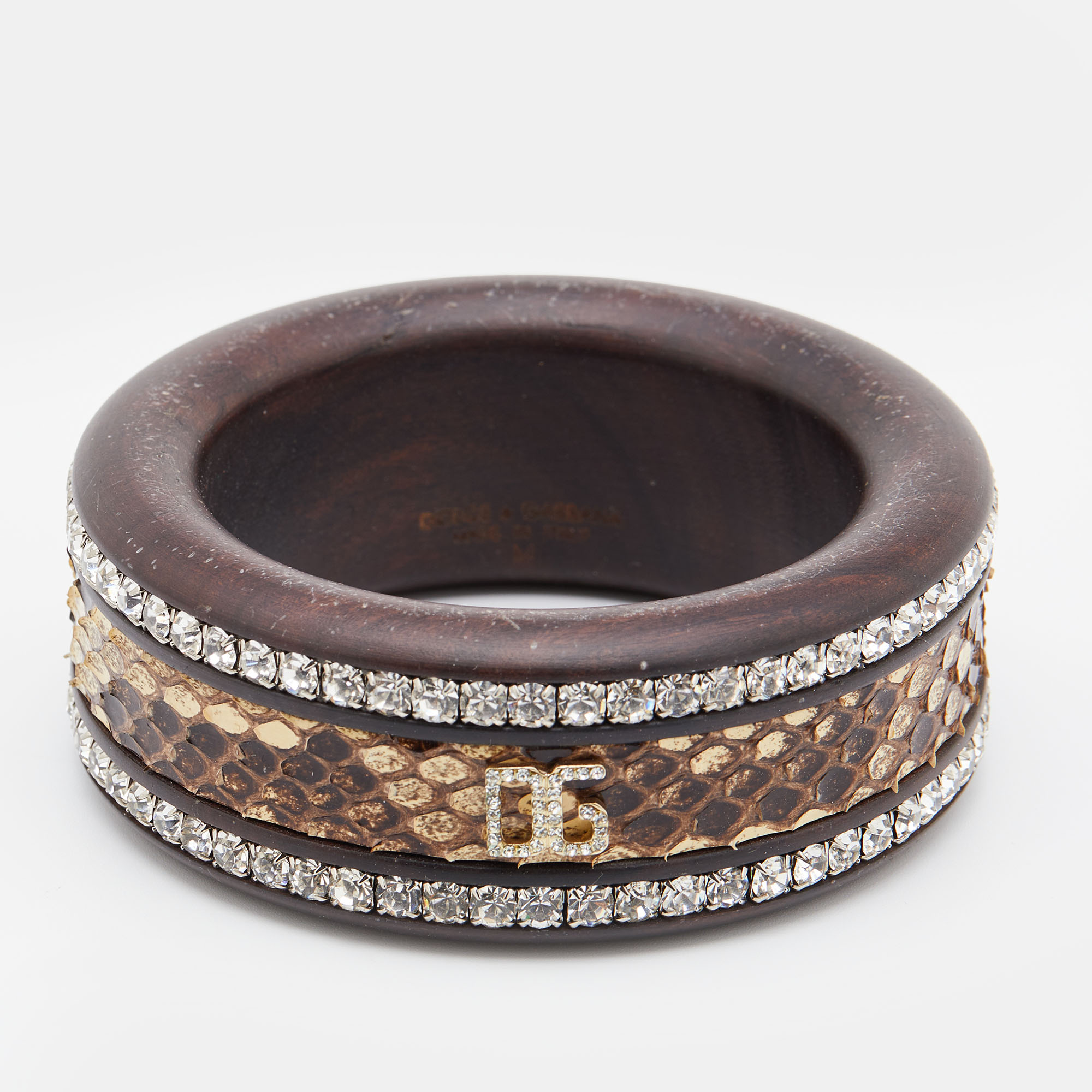 Pre-owned Dolce & Gabbana Brown Crystal Embellished Python Insert Bangle M