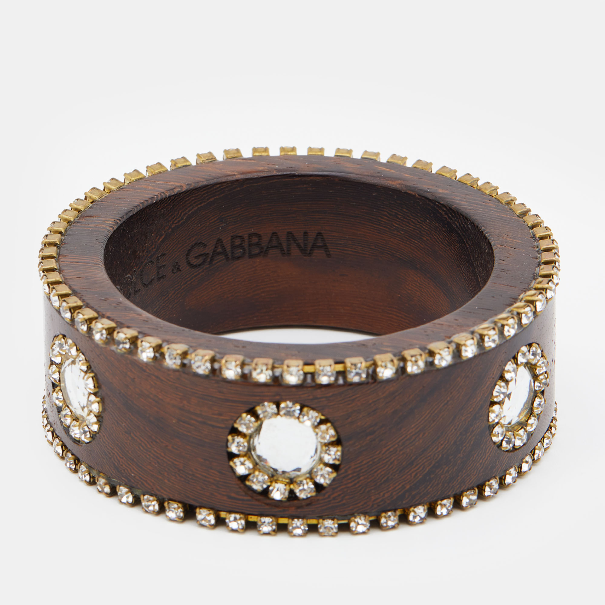 Pre-owned Dolce & Gabbana Brown Wood Crystal Embellished Wide Bangle