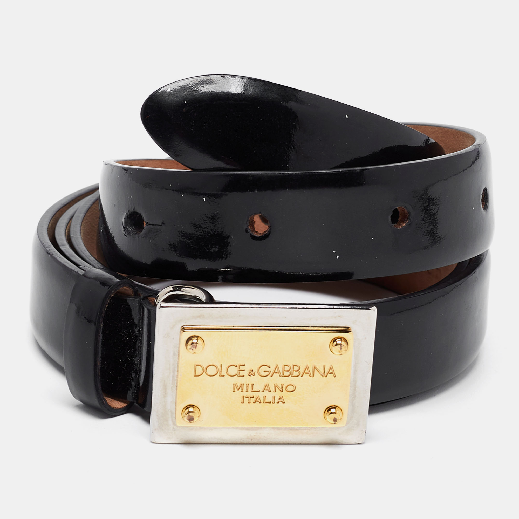 Pre-owned Dolce & Gabbana Black Glossy Leather Logo Plague Belt 85cm