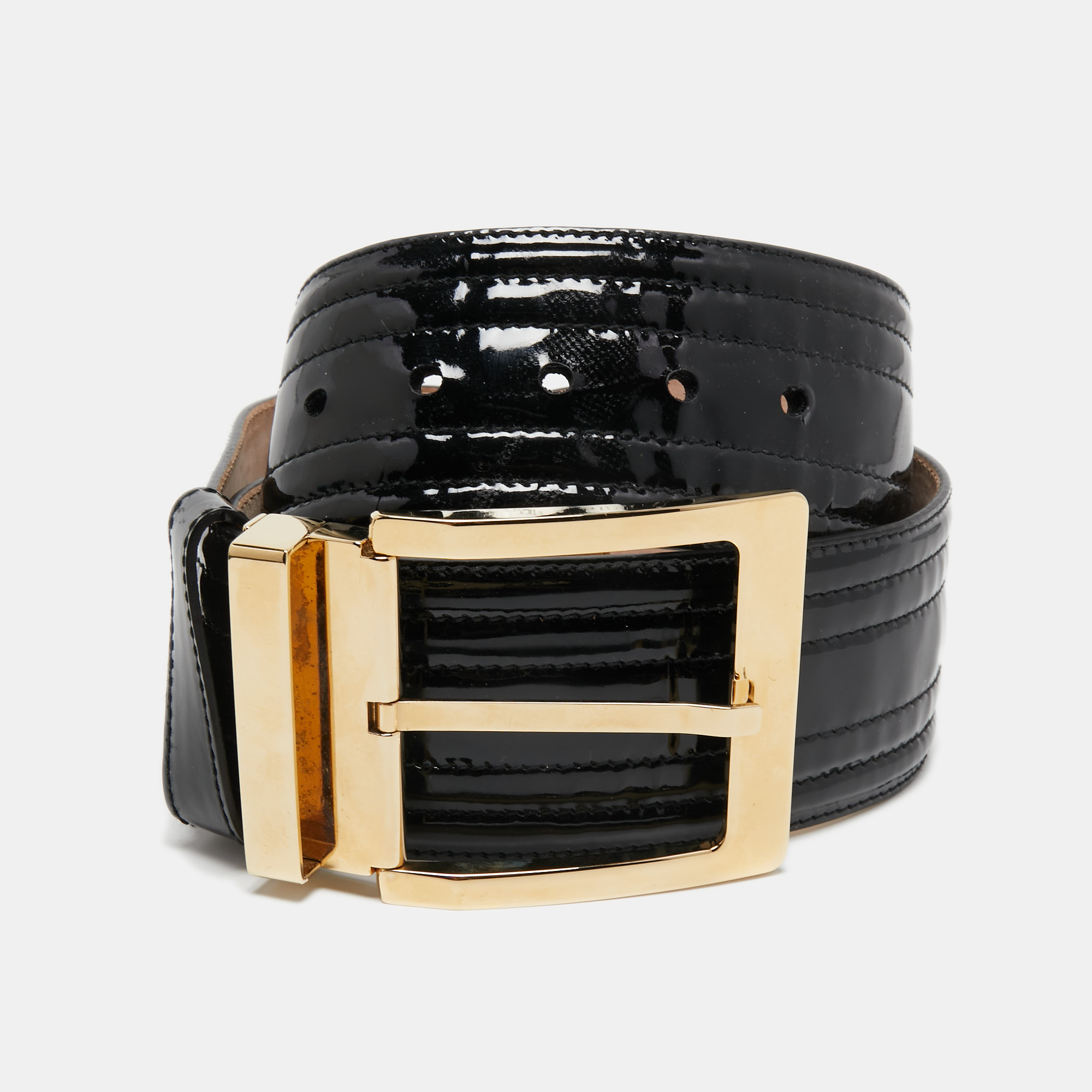 Pre-owned Dolce & Gabbana Black Patent Leather Wide Buckle Belt 95cm
