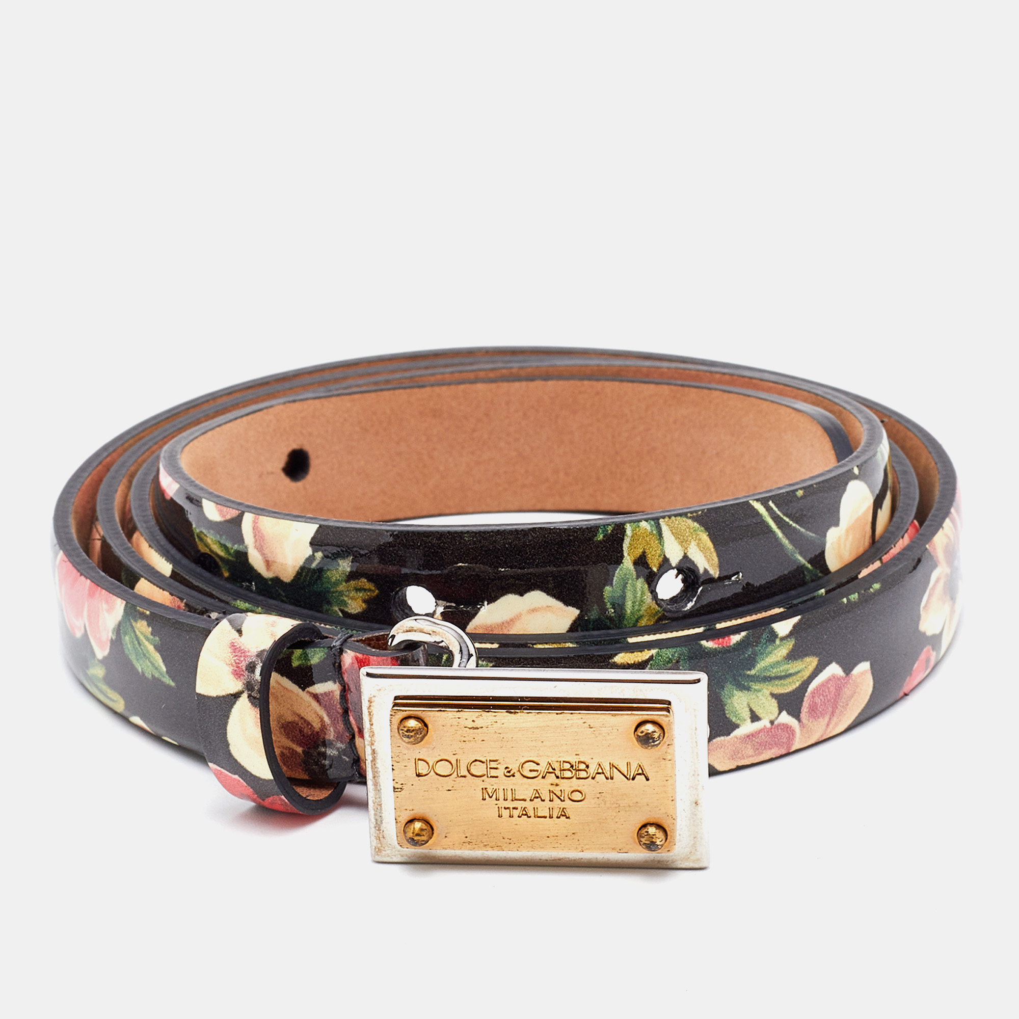 Pre-owned Dolce & Gabbana Multicolor Floral Print Patent Leather Belt 85 Cm