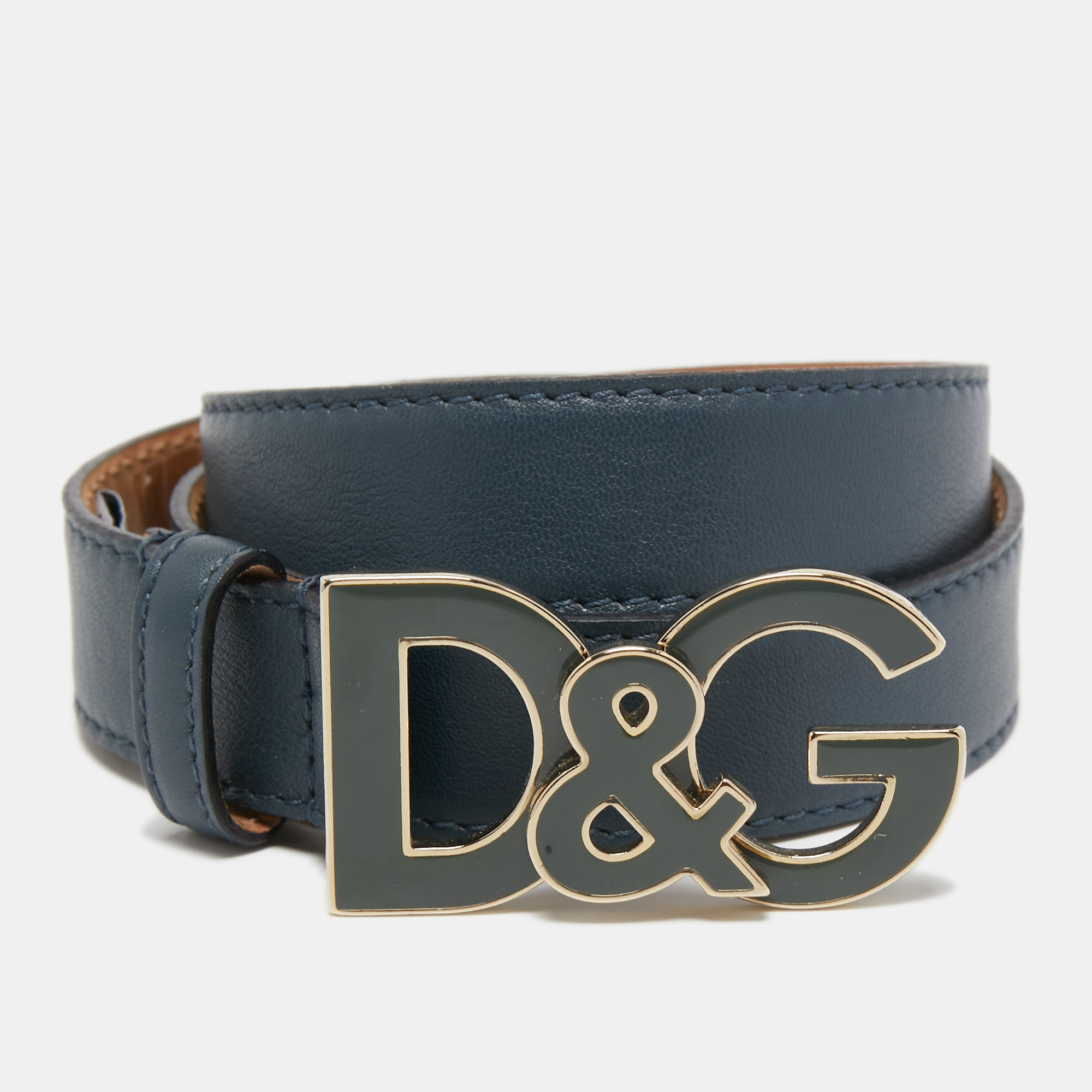 Pre-owned Dolce & Gabbana Blue Leather D & G Logo Buckle Belt 70cm