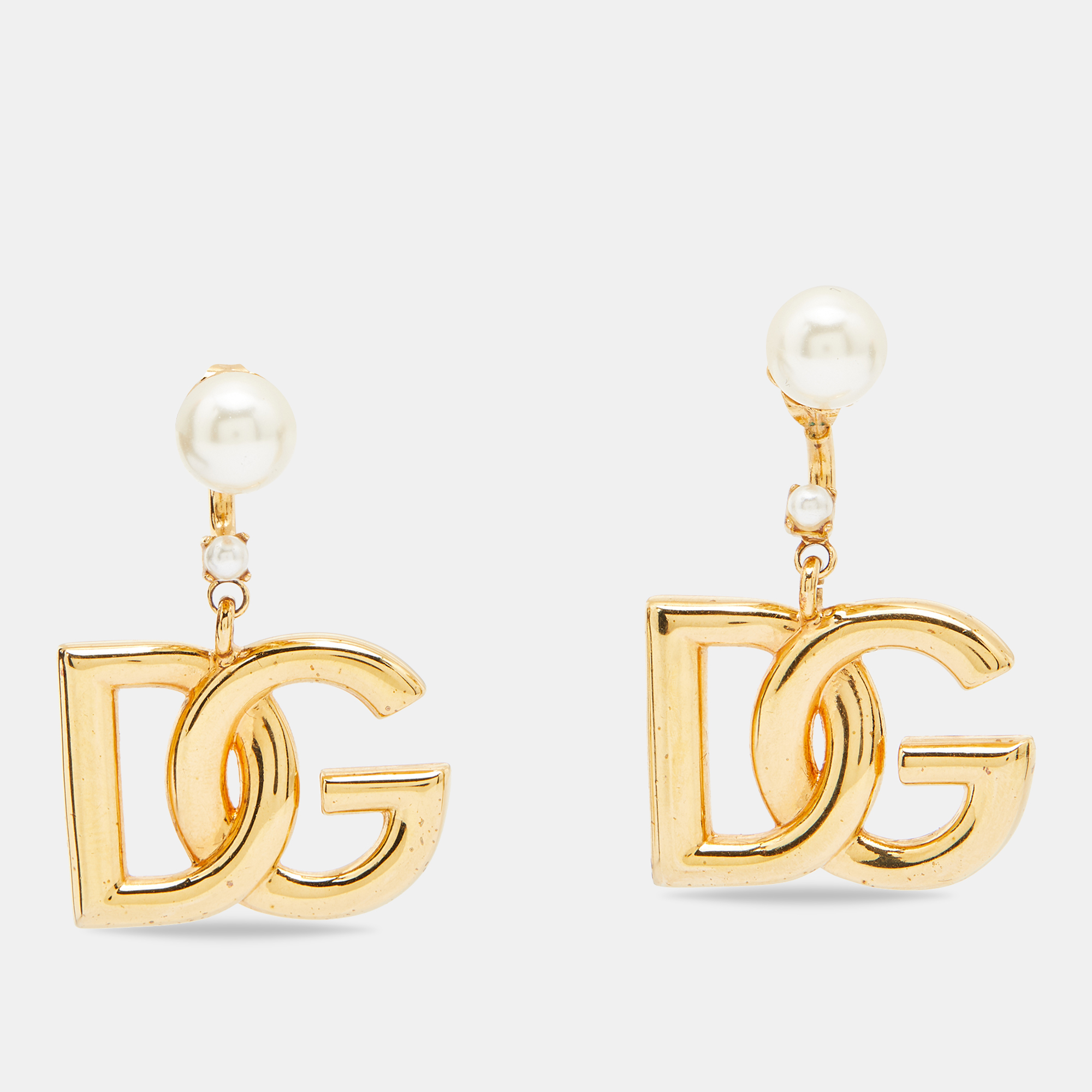 Pre Owned  Dolce & Gabbana. Gold Tone Logo Faux Pearl Drop Earrings