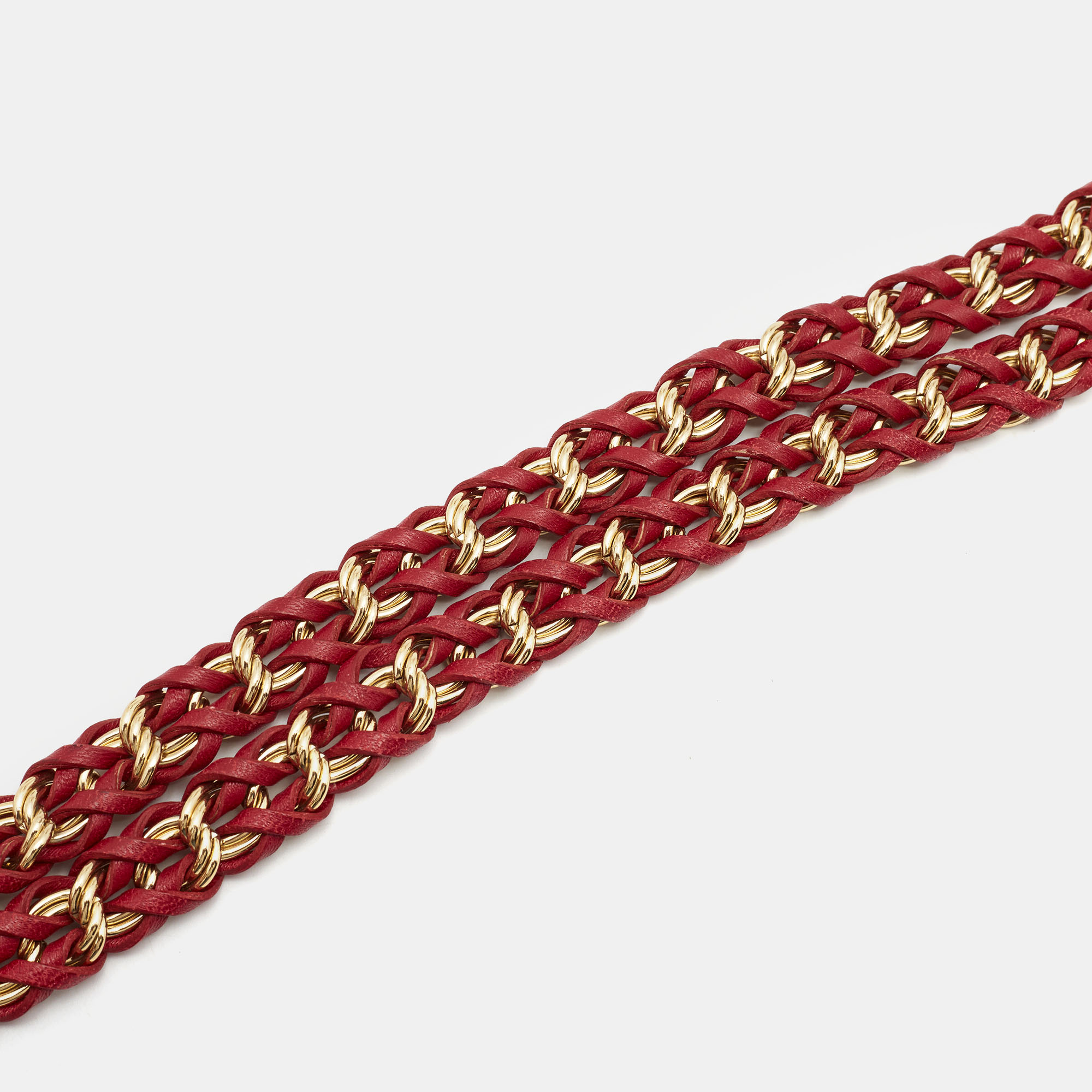 

Dolce & Gabbana Red Woven Leather Logo Plaque Chain Belt