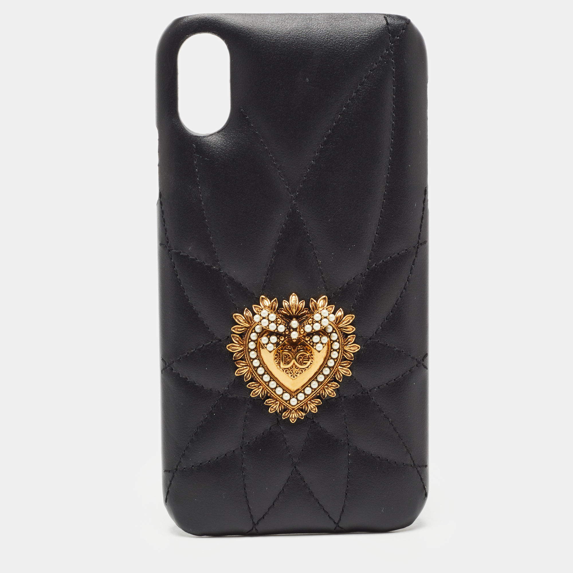 Pre-owned Dolce & Gabbana Black Quilted Leather Sacred Heart Iphone Xr Case
