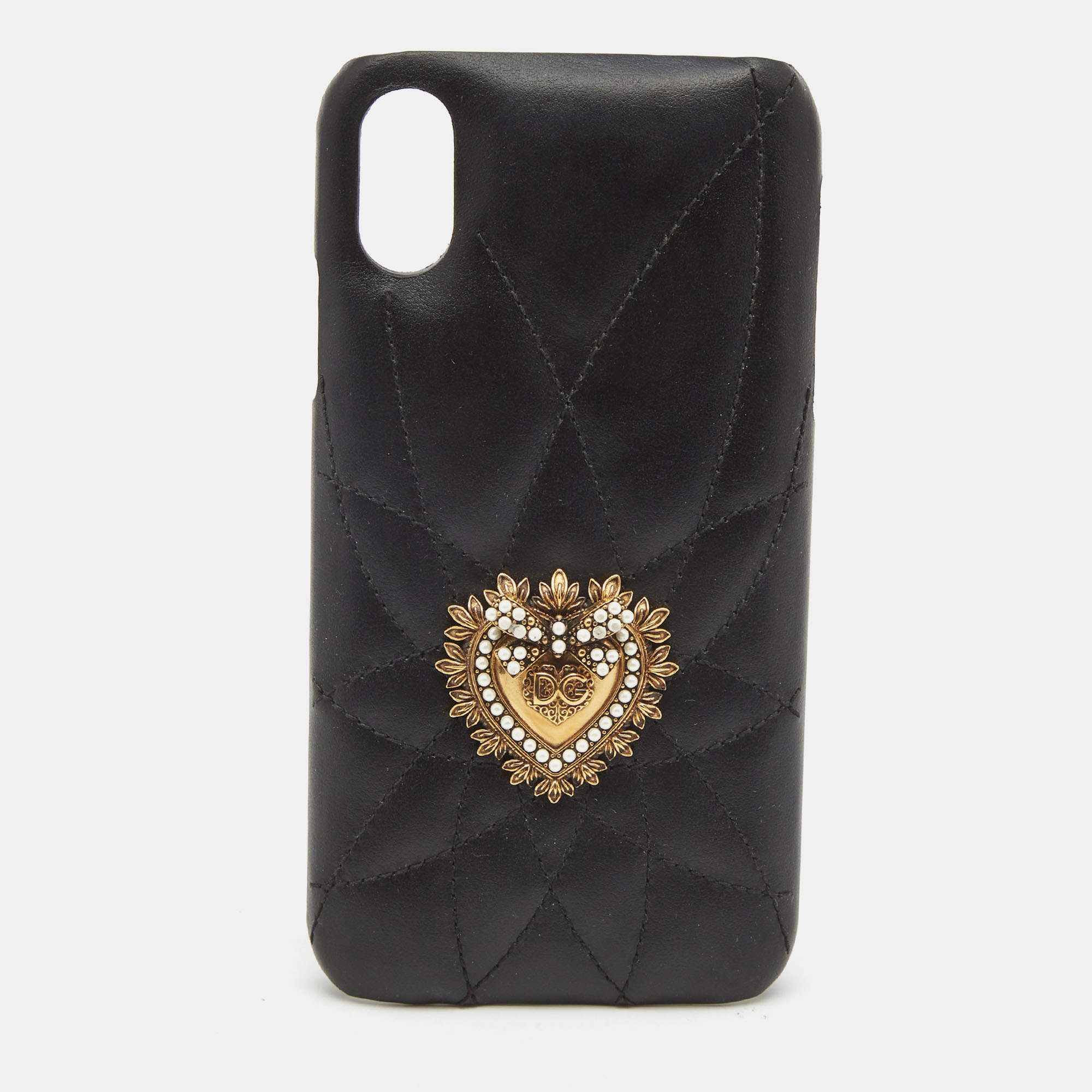 Pre-owned Dolce & Gabbana Quilted Leather Devotion Xr Iphone Cover In Black