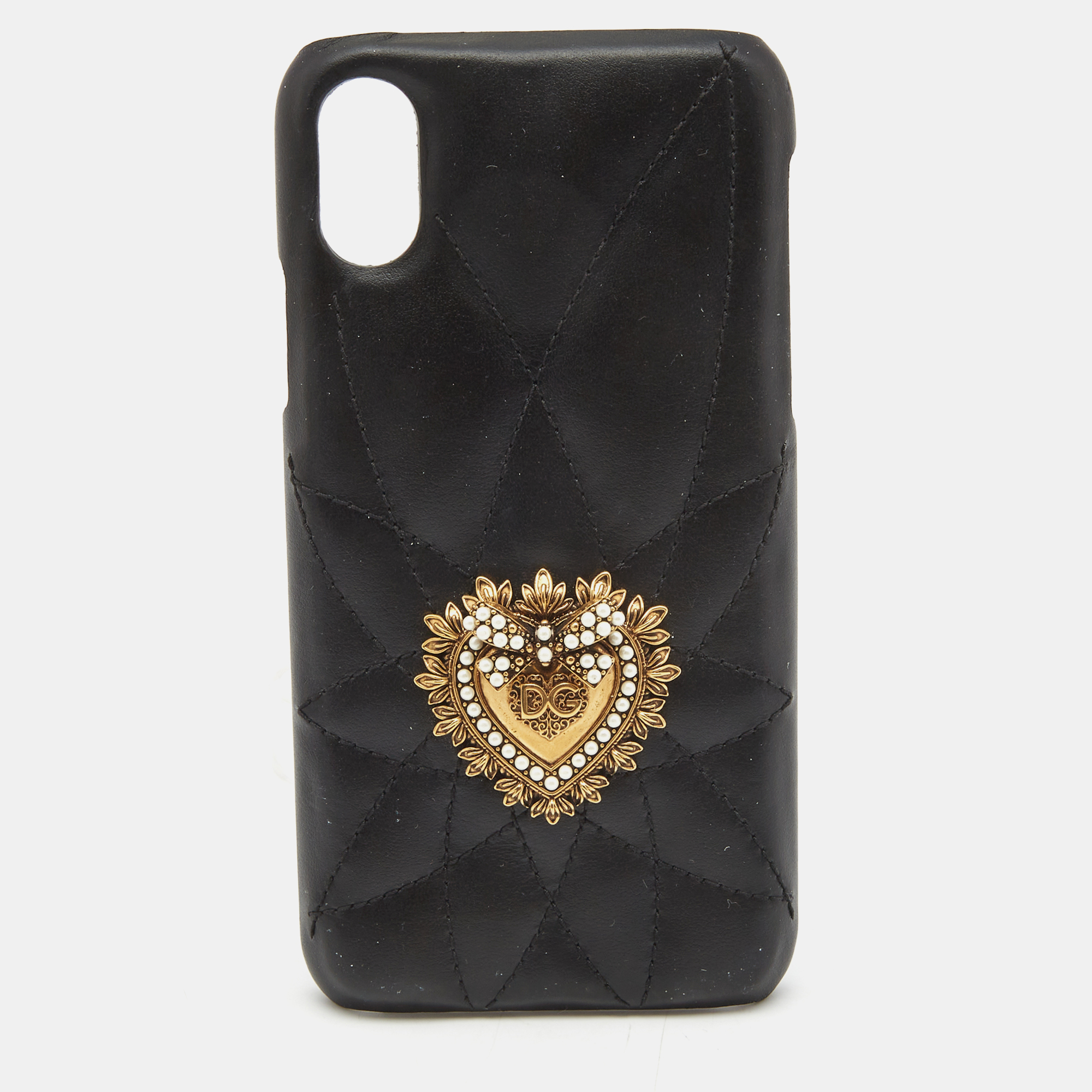 Pre-owned Dolce & Gabbana Quilted Leather Devotion X Iphone Cover In Black