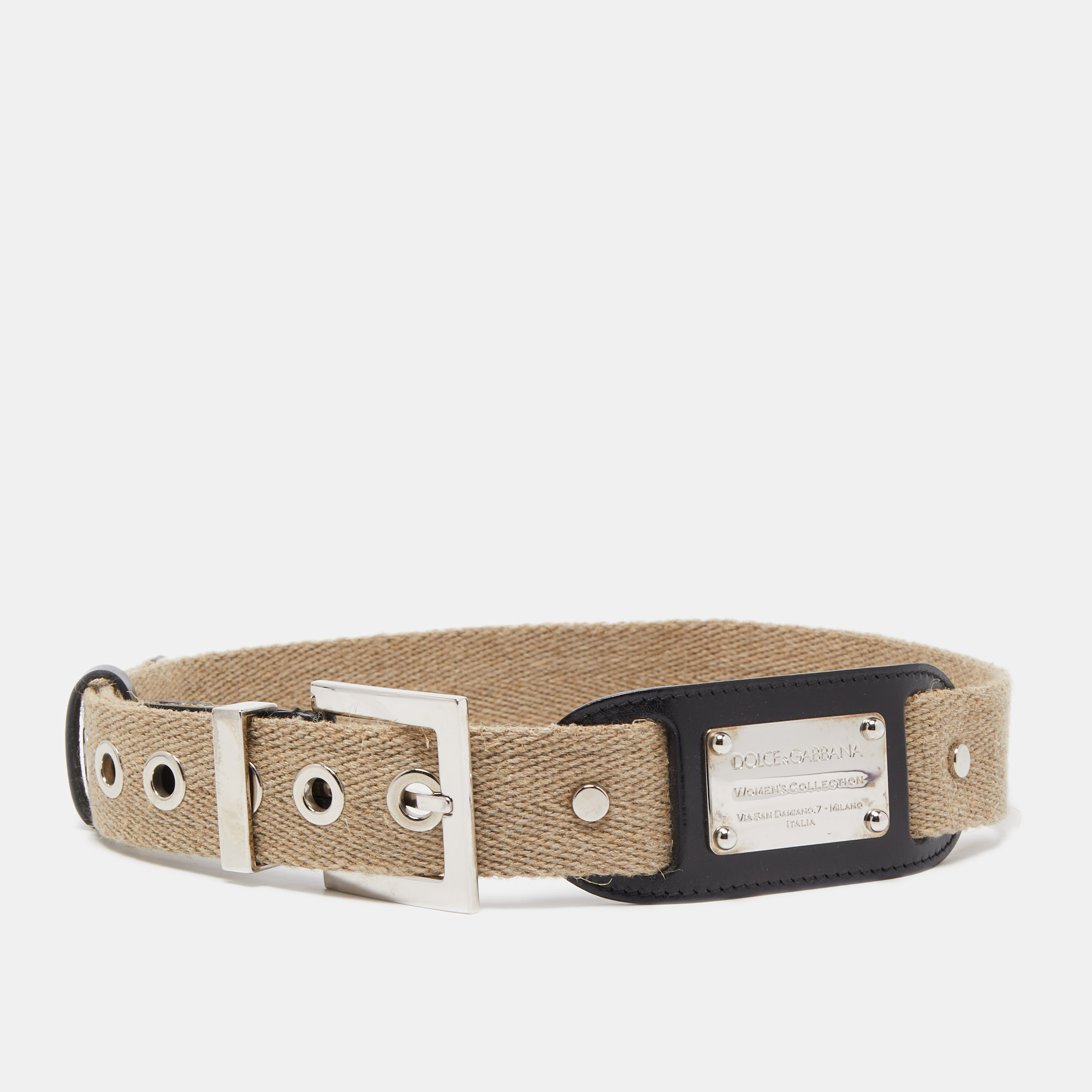 Pre-owned Dolce & Gabbana Beige Canvas And Leather Plaque Detail Waist Belt 80cm