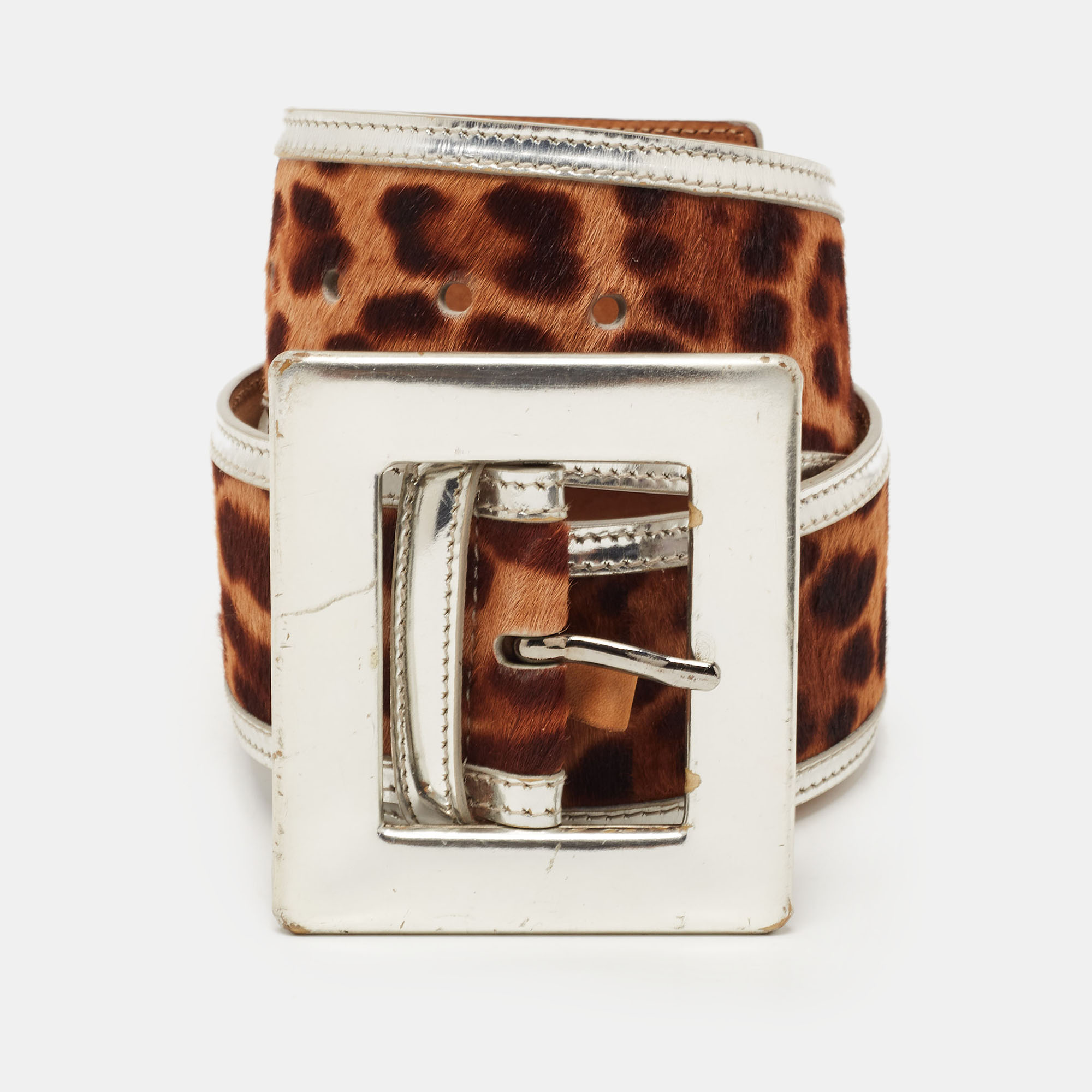 

Dolce & Gabbana Brown Leopard Print Calf Hair & Patent Leather Wide Belt