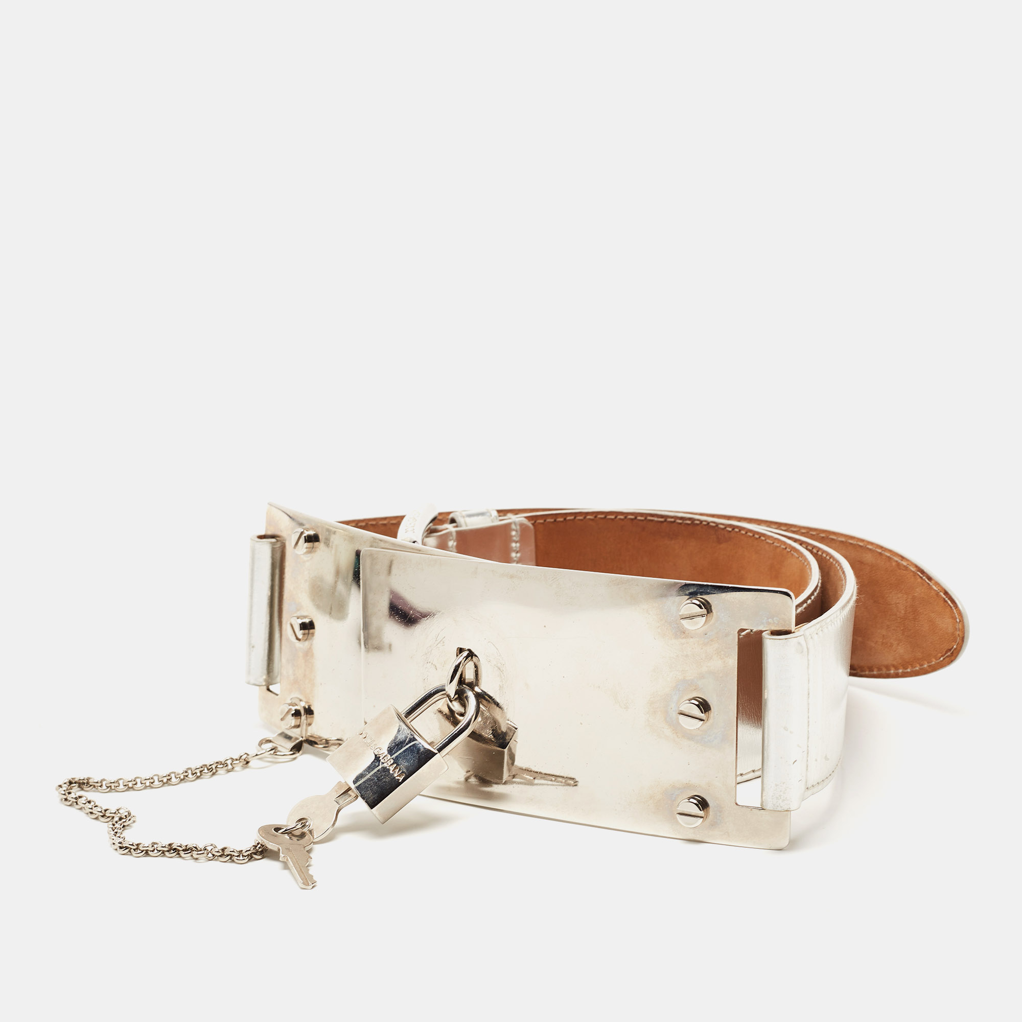 

Dolce & Gabbana Silver Leather Padlock Metal Waist Belt