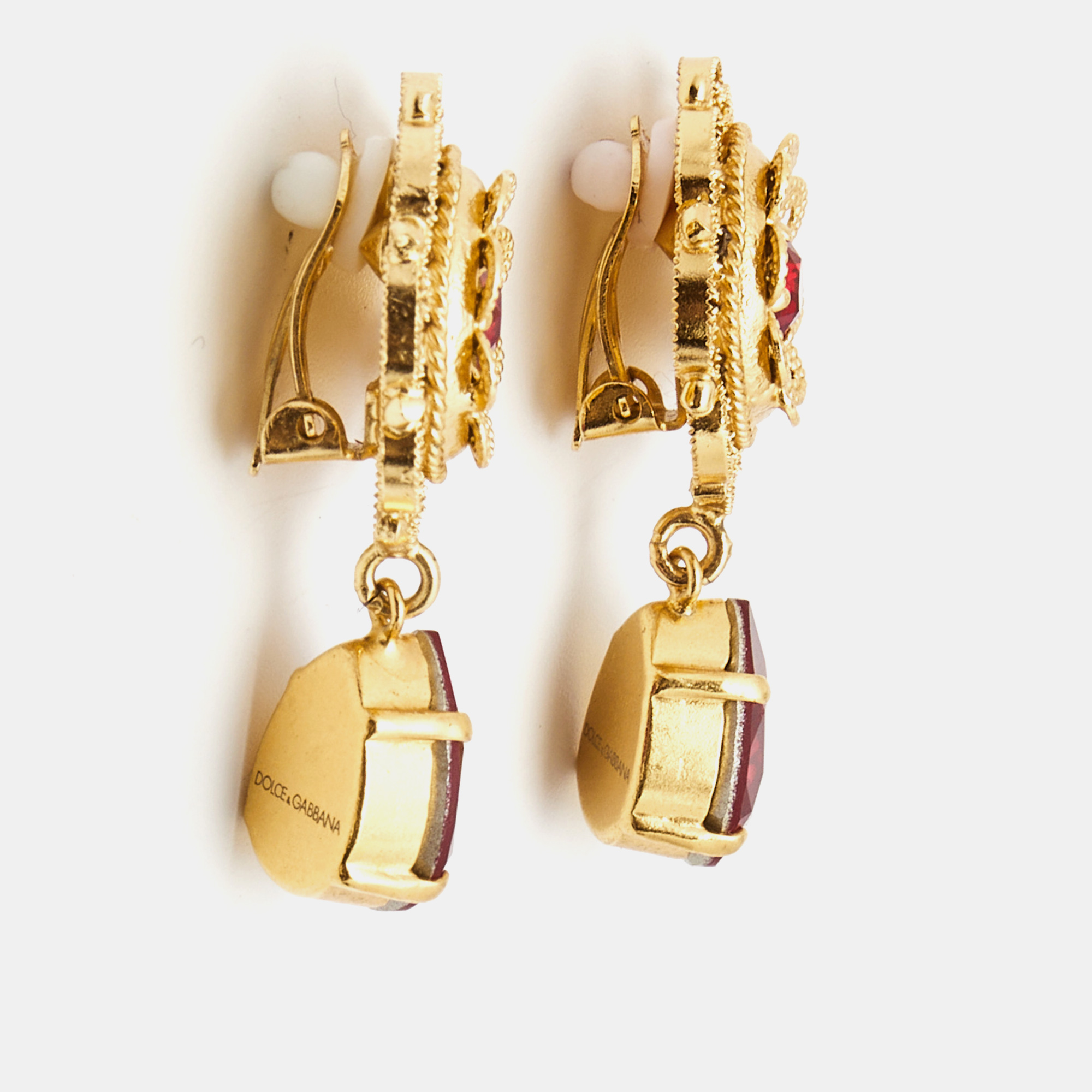 

Dolce & Gabbana Gold Tone Red Crystal Drop Clip-On Earrings