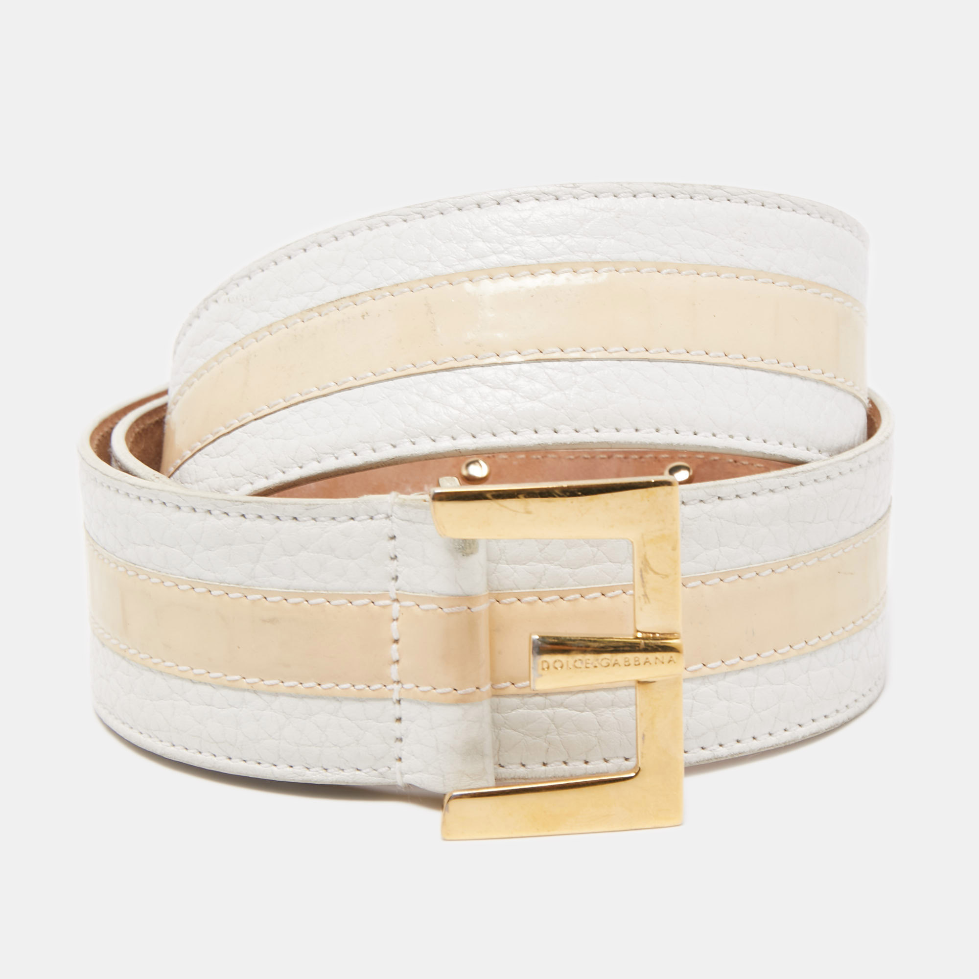 Pre-owned Dolce & Gabbana White/beige Patent And Leather Metal Detail Buckle Belt 85cm