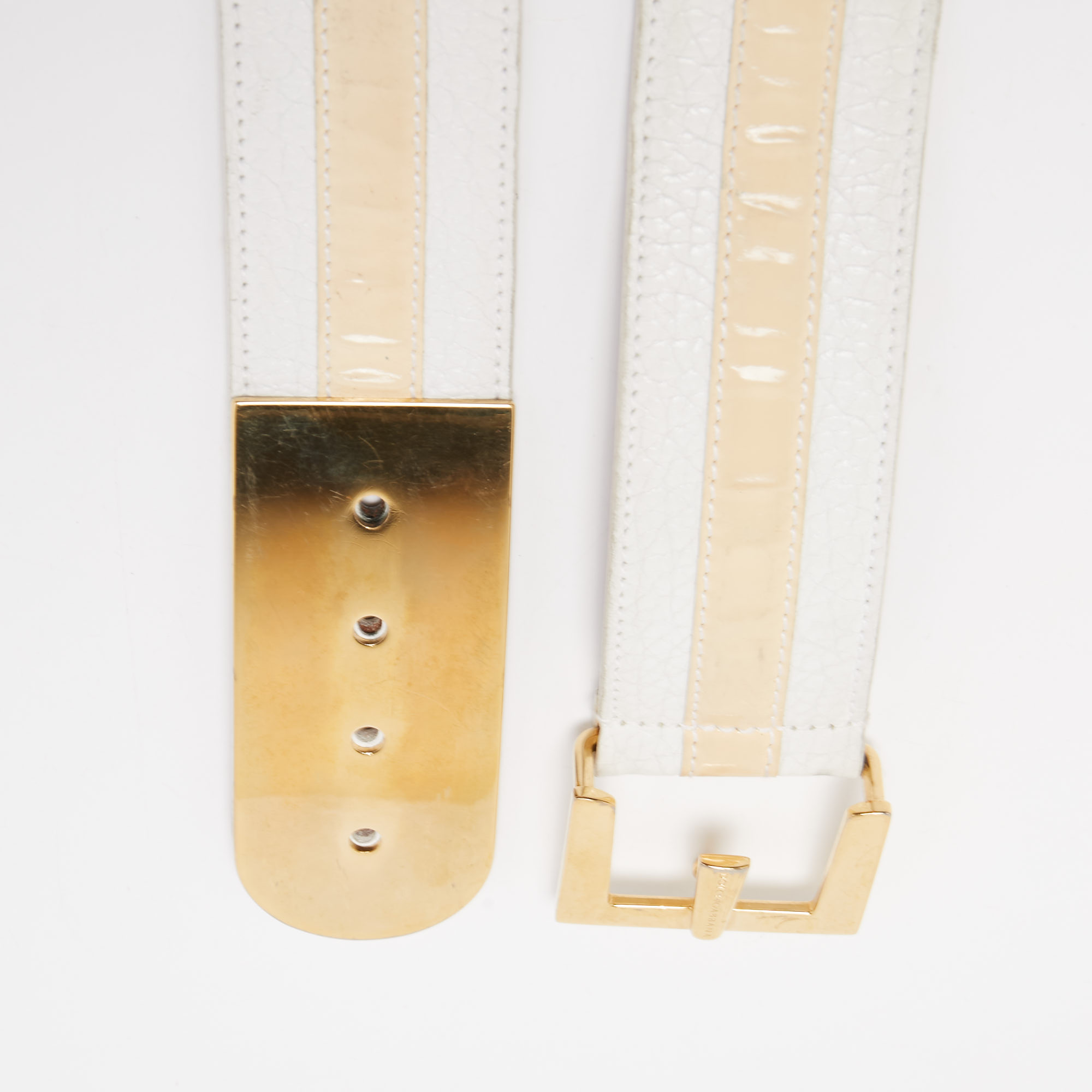 

Dolce & Gabbana White/Beige Patent and Leather Metal Detail Buckle Belt