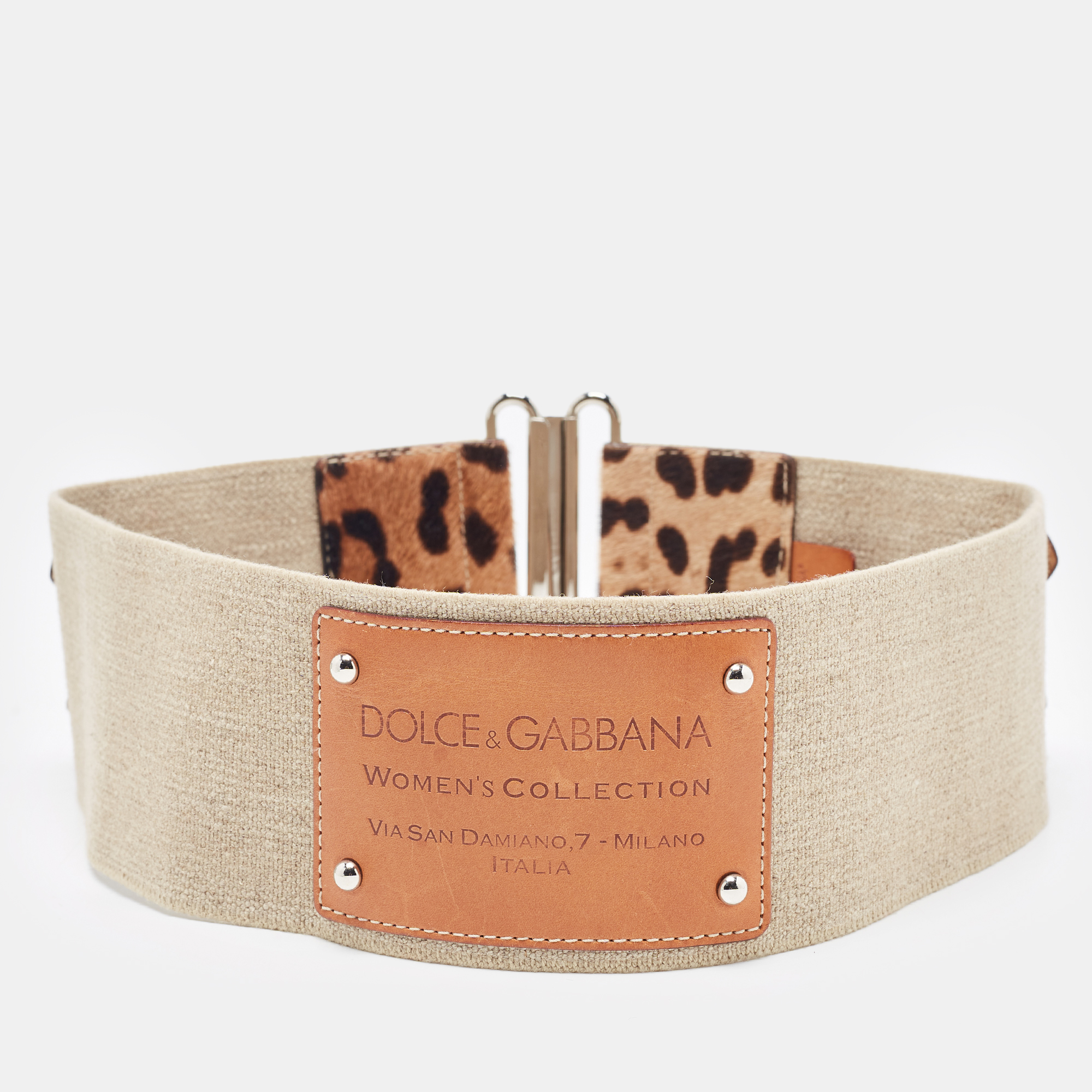 

Dolce & Gabbana Brown/Beige Leopard Print Calfhair and Elastic Canvas Double Buckle Waist Belt
