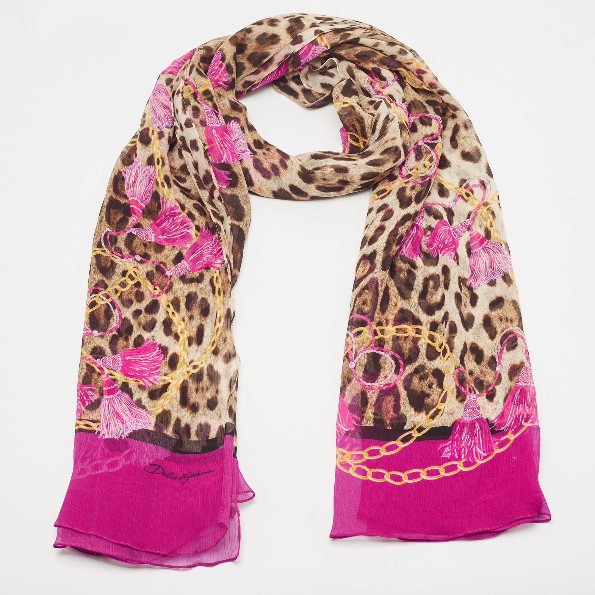 

Dolce & Gabbana Brown/Purple Tassel Leopard Print Silk Scarf