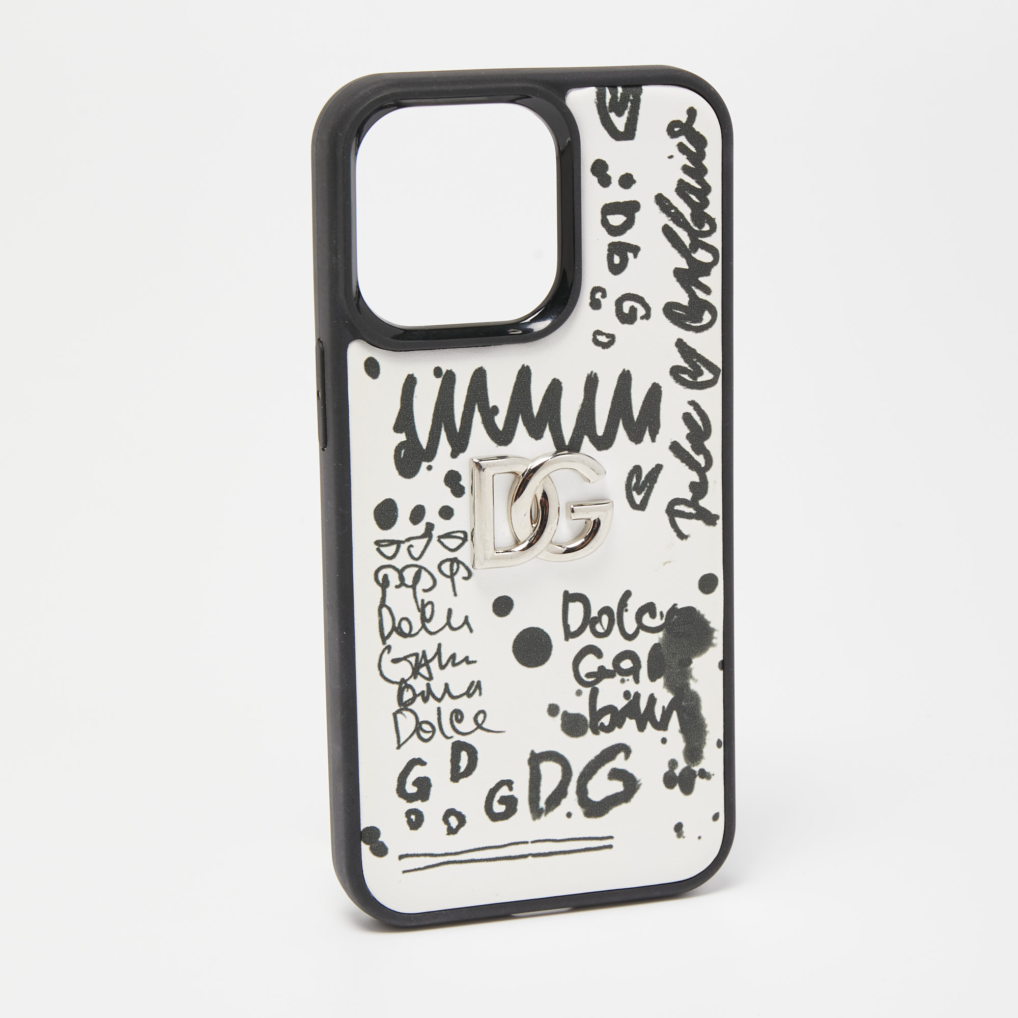 

Dolce & Gabbana Black/White Graffiti Logo Leather DG Logo iPhone 13 Pro Case