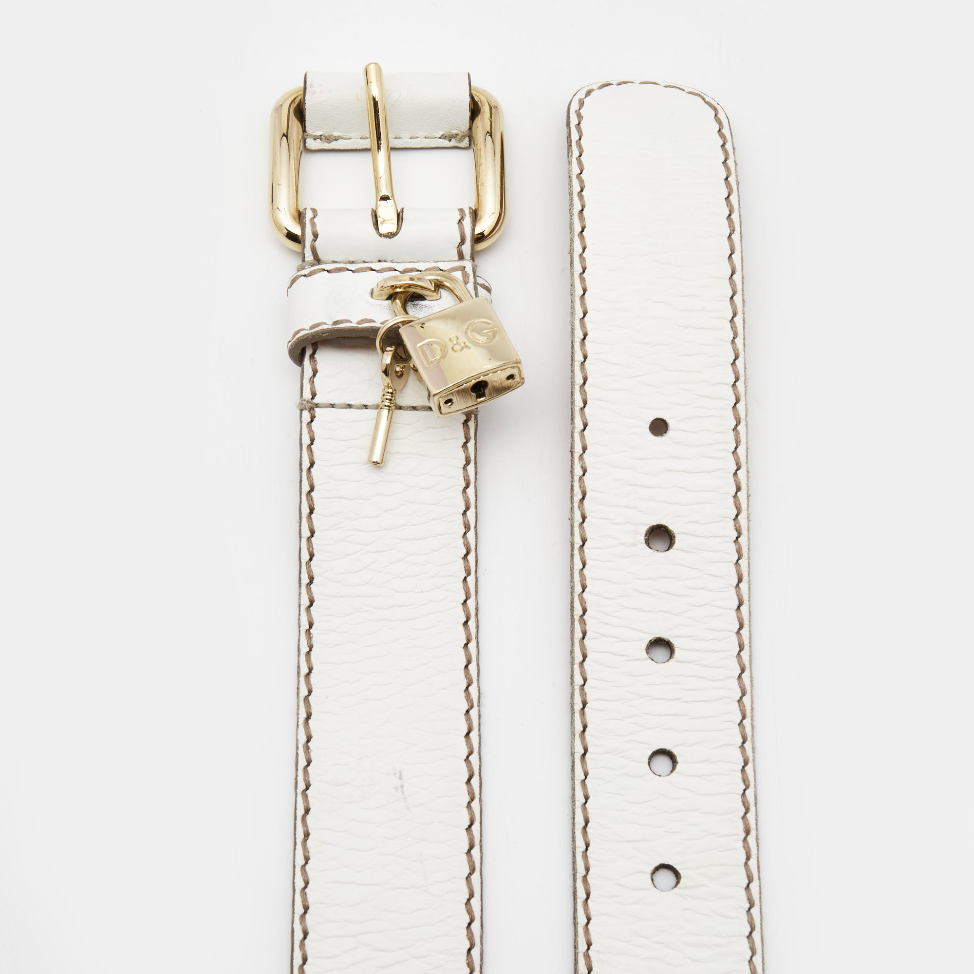 

Dolce & Gabbana White Leather Padlock Charm Buckle Belt