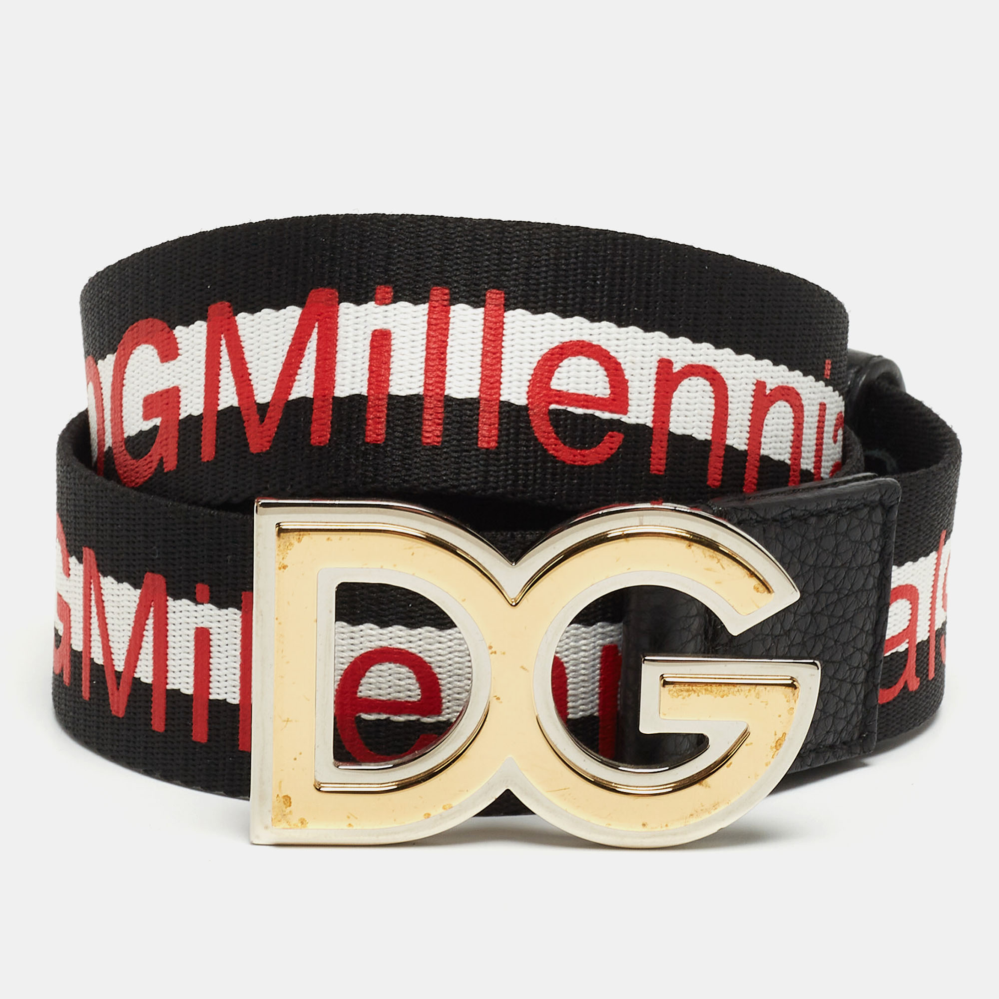 Pre-owned Dolce & Gabbana Black/white Canvas #dgmillennials Logo Belt 95cm