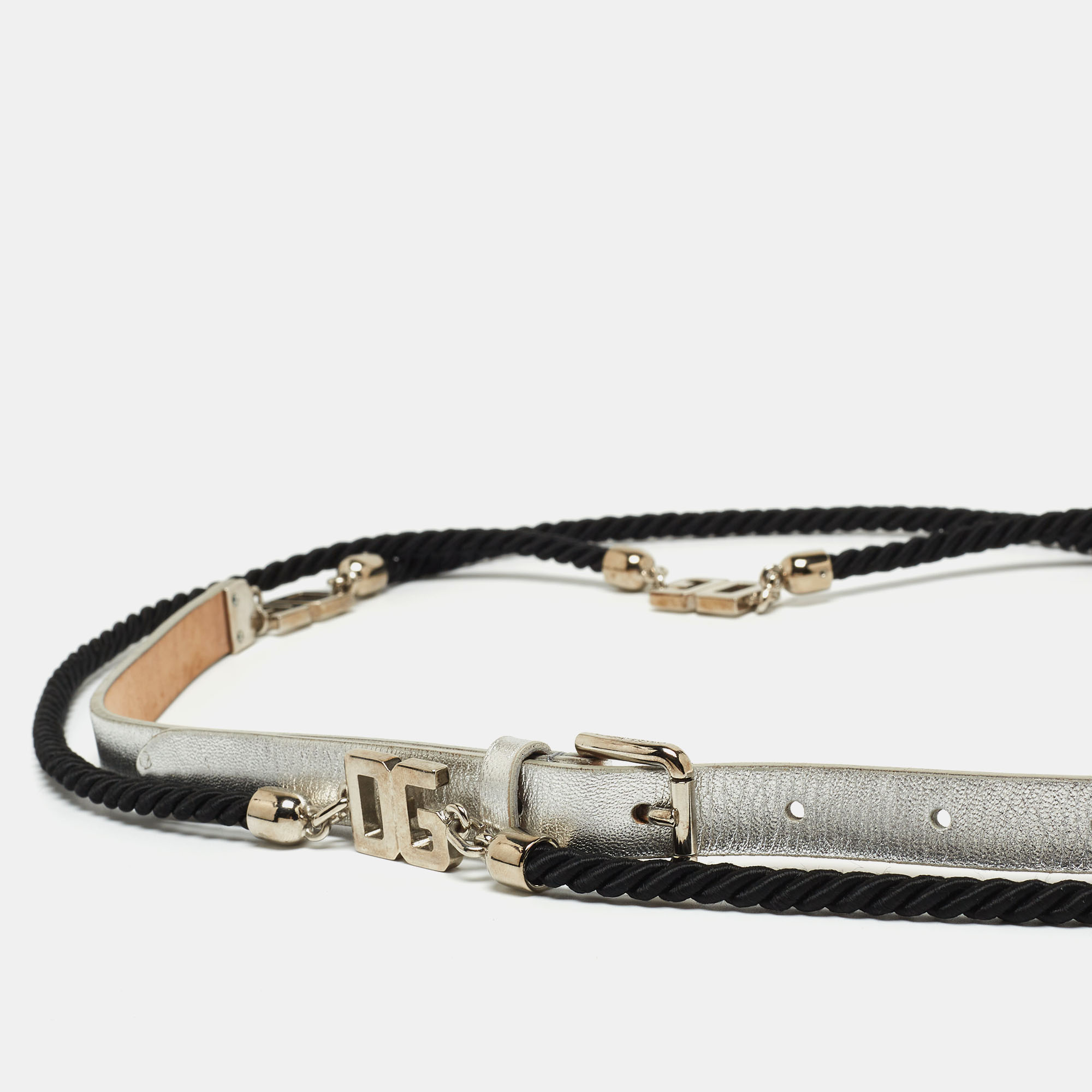 

Dolce & Gabbana Silver Leather and Cord DG Logo Double Wrap Belt