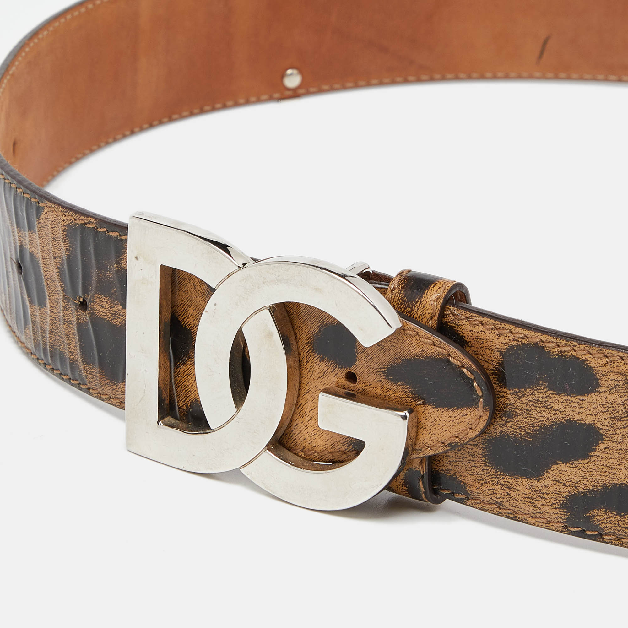 

Dolce & Gabbana Beige/Black Leopard Print Patent Leather DG Logo Buckle Belt
