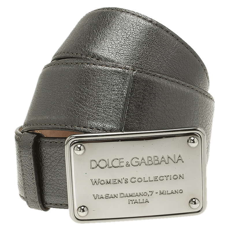 

Dolce and Gabbana Metallic Grey Leather Logo Plaque Belt