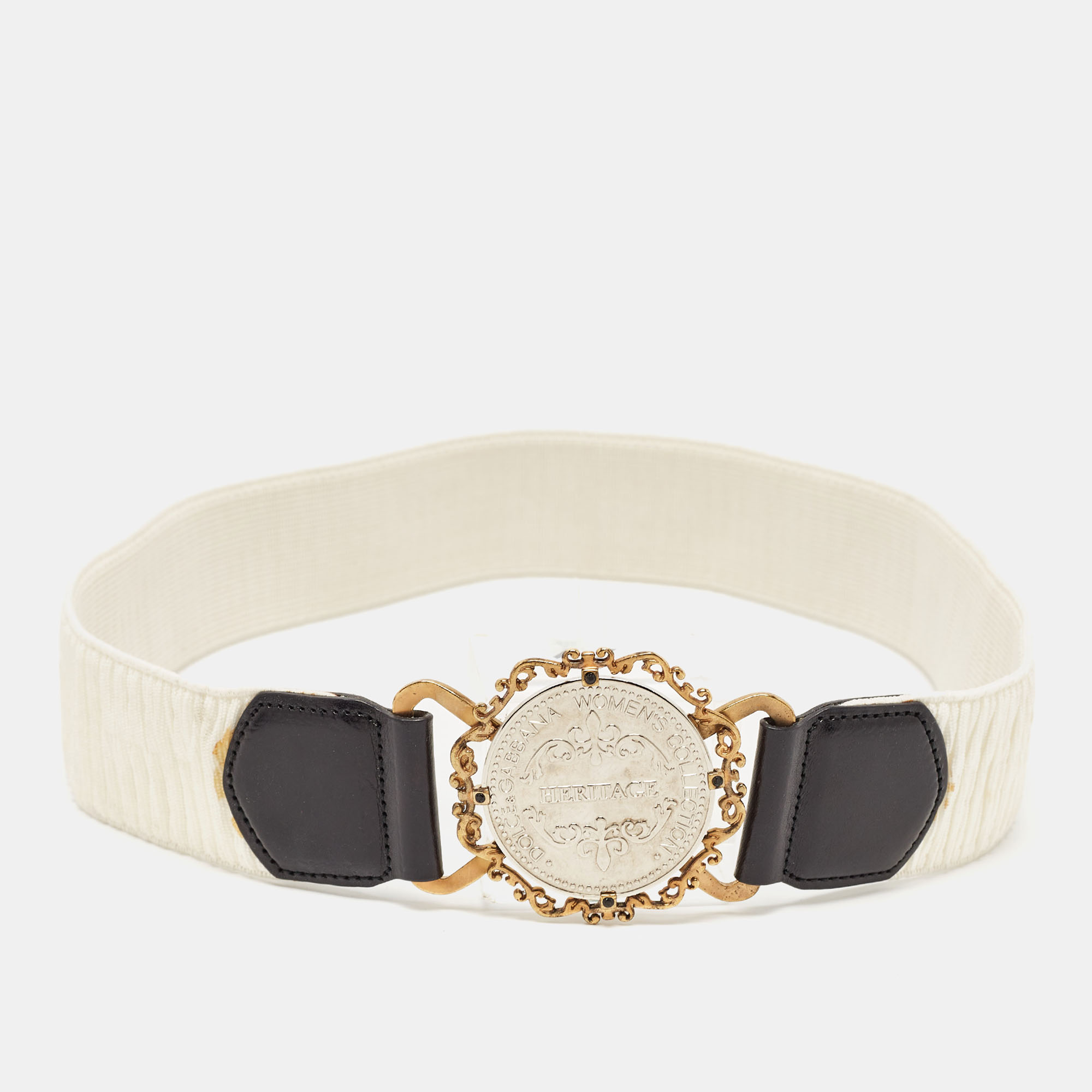 

Dolce & Gabbana White/Black Elastic and Leather Heritage Round Belt