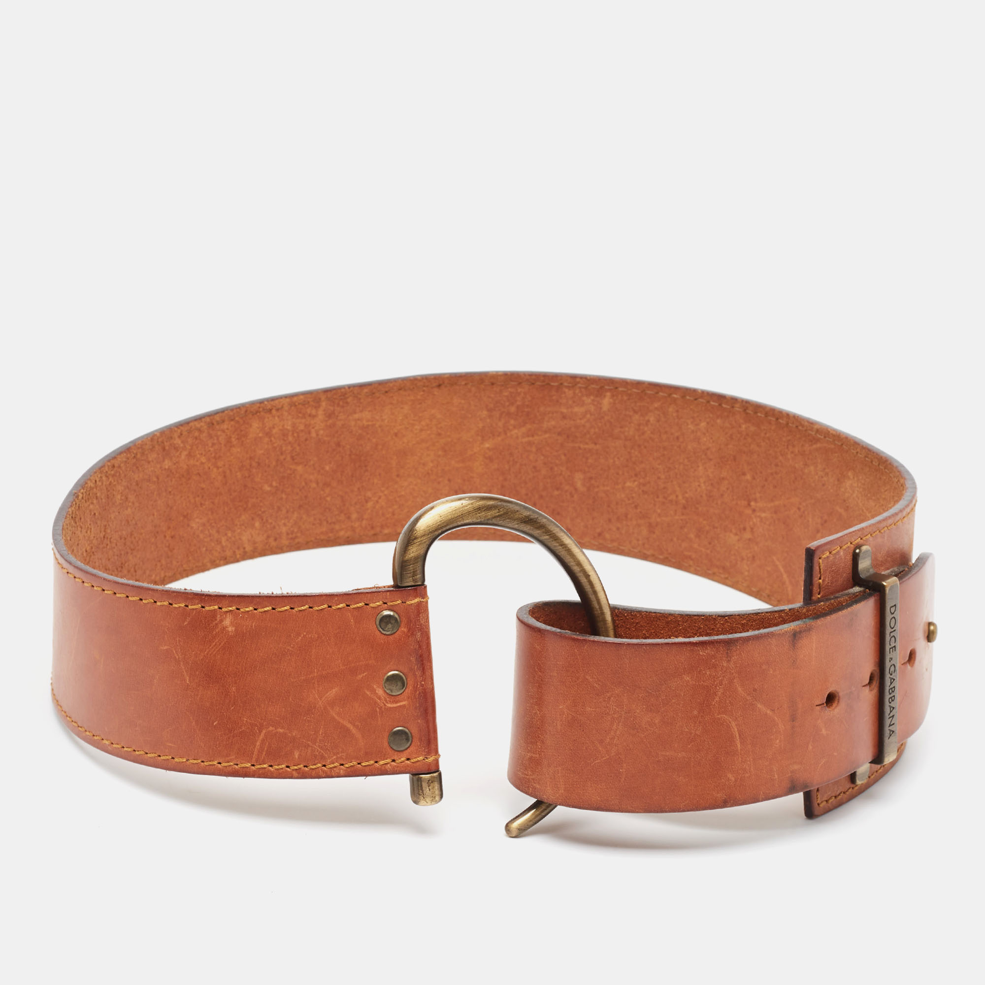 

Dolce & Gabbana Brown Leather Metal Detail Buckle Wide Belt 85CM