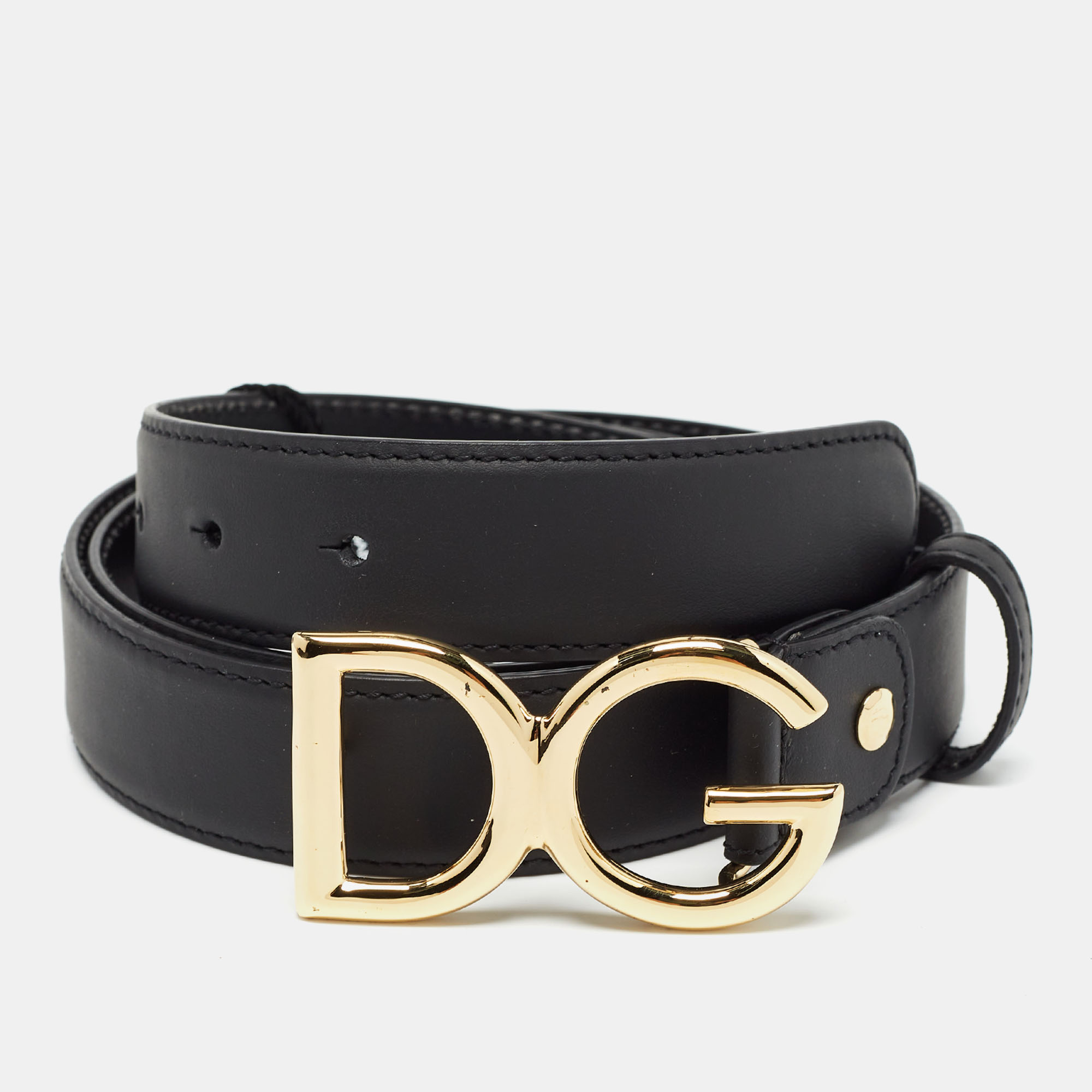 Pre-owned Dolce & Gabbana Black Leather Dg Logo Buckle Belt 115 Cm