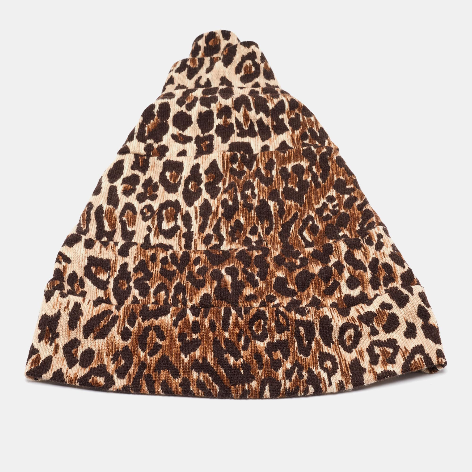 Pre-owned Dolce & Gabbana Brown Leopard Pattern Cashmere Tiered Beanie Hat Size 57