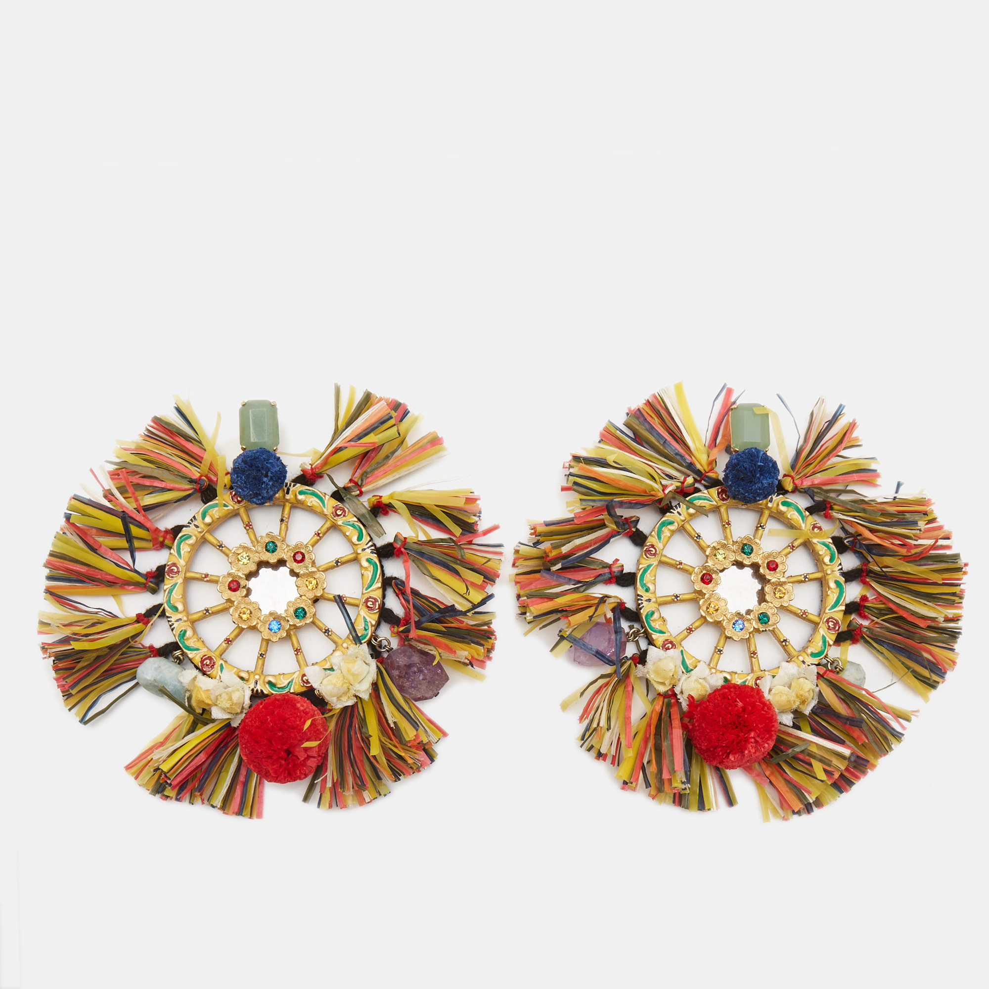 

Dolce & Gabbana Multicolor Pom Pom & Tassel Oversized Clip On Earrings