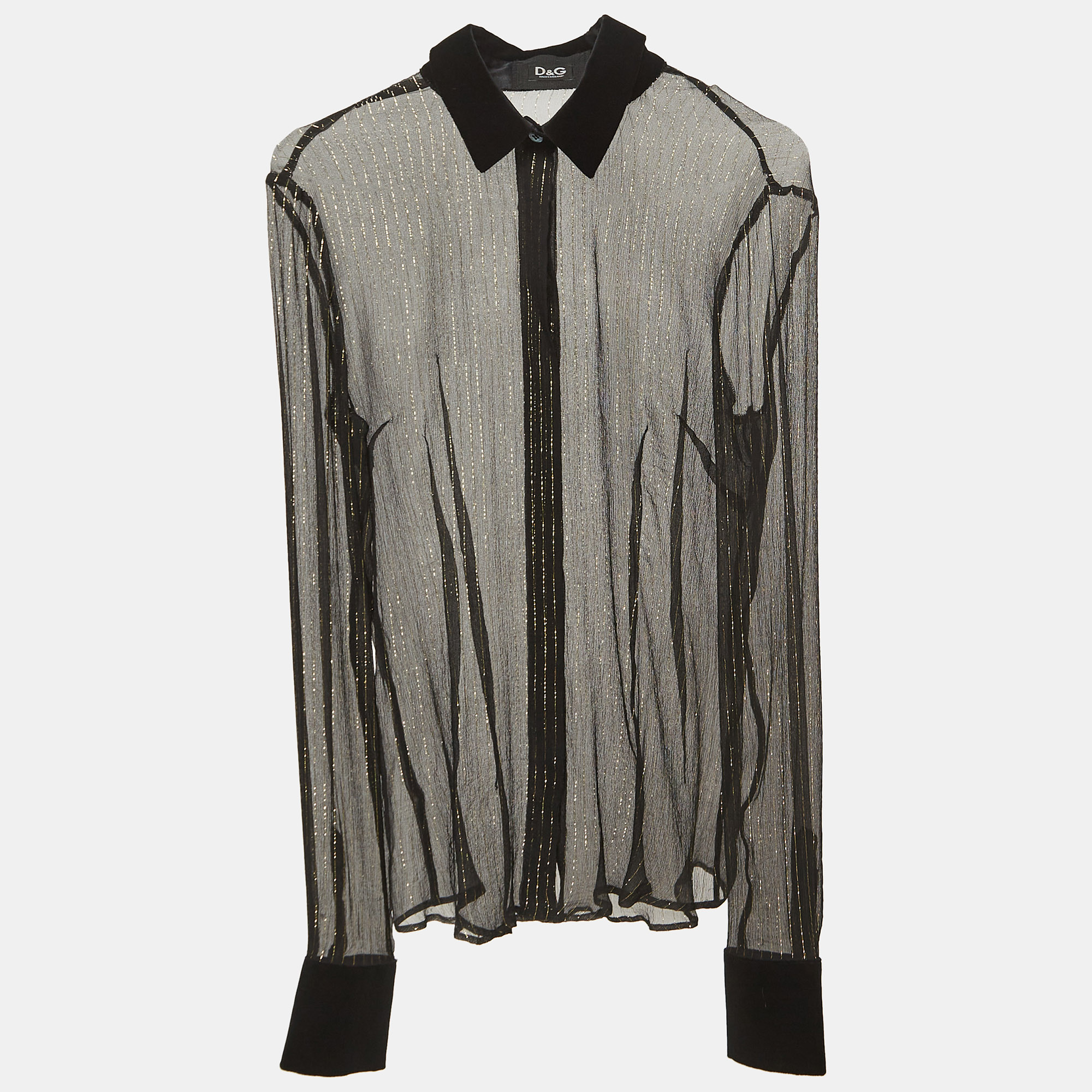 

Dolce & Gabbana Black/Gold Lurex Stripe Velvet Trim Sheer Shirt S