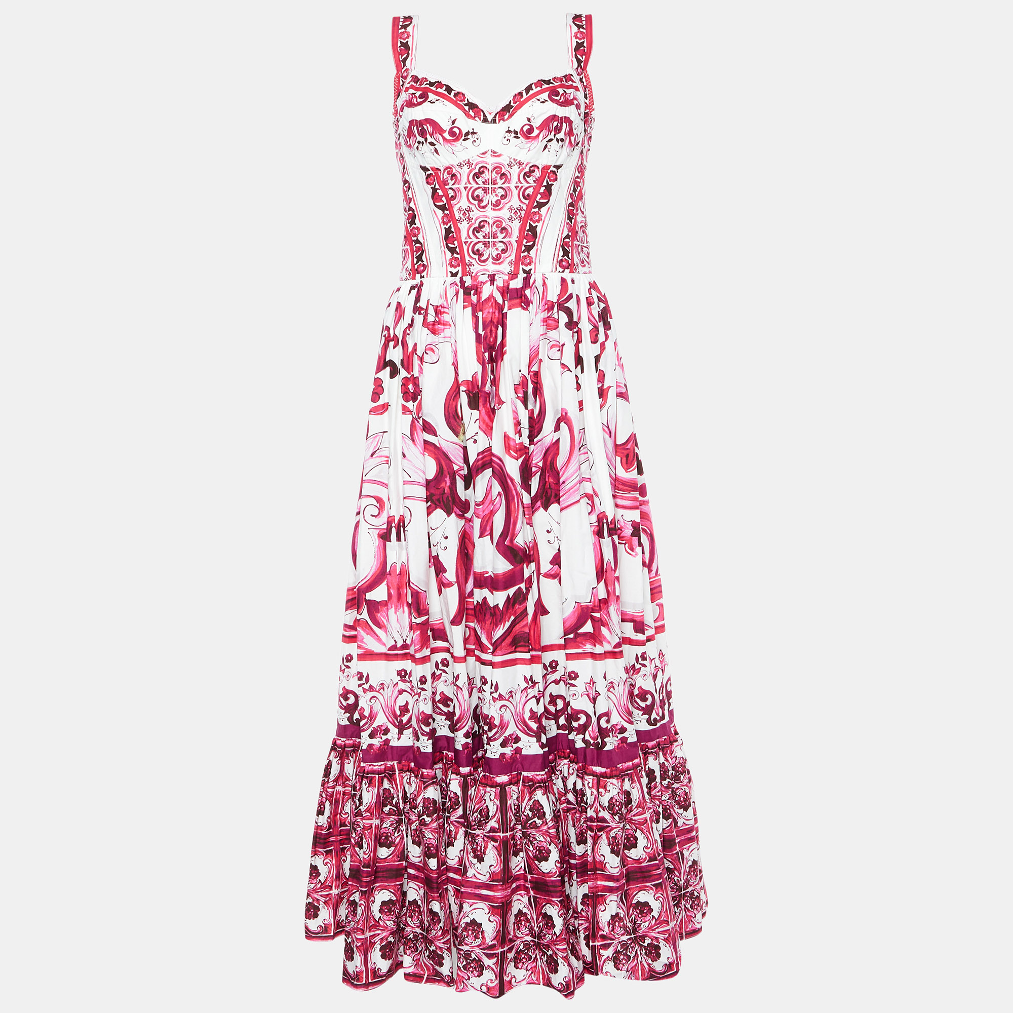 

Dolce & Gabbana Pink Majolica Printed Cotton Maxi Dress M, White