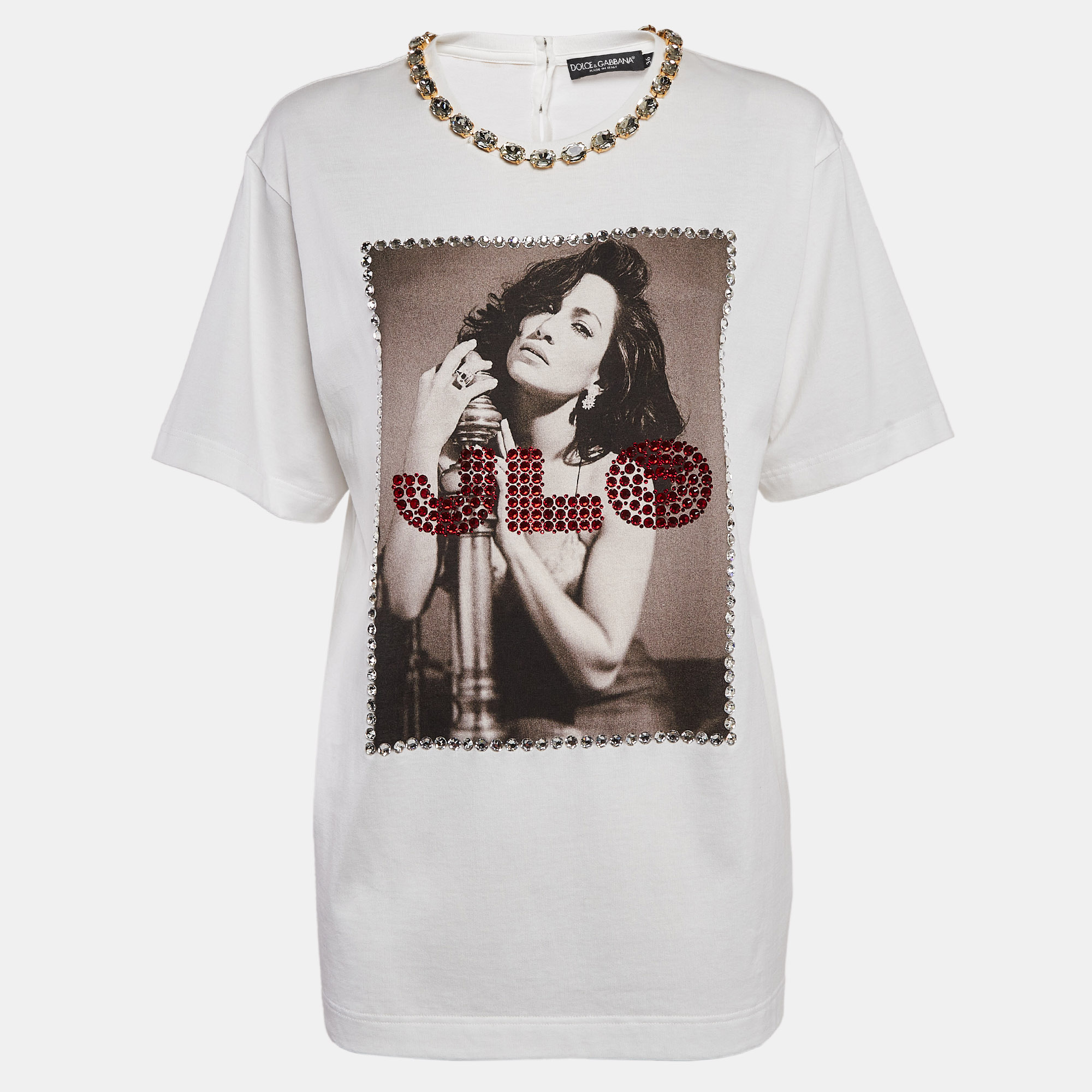 

Dolce & Gabbana White J.Lo Photograph Print Jersey Embellished T-Shirt XS