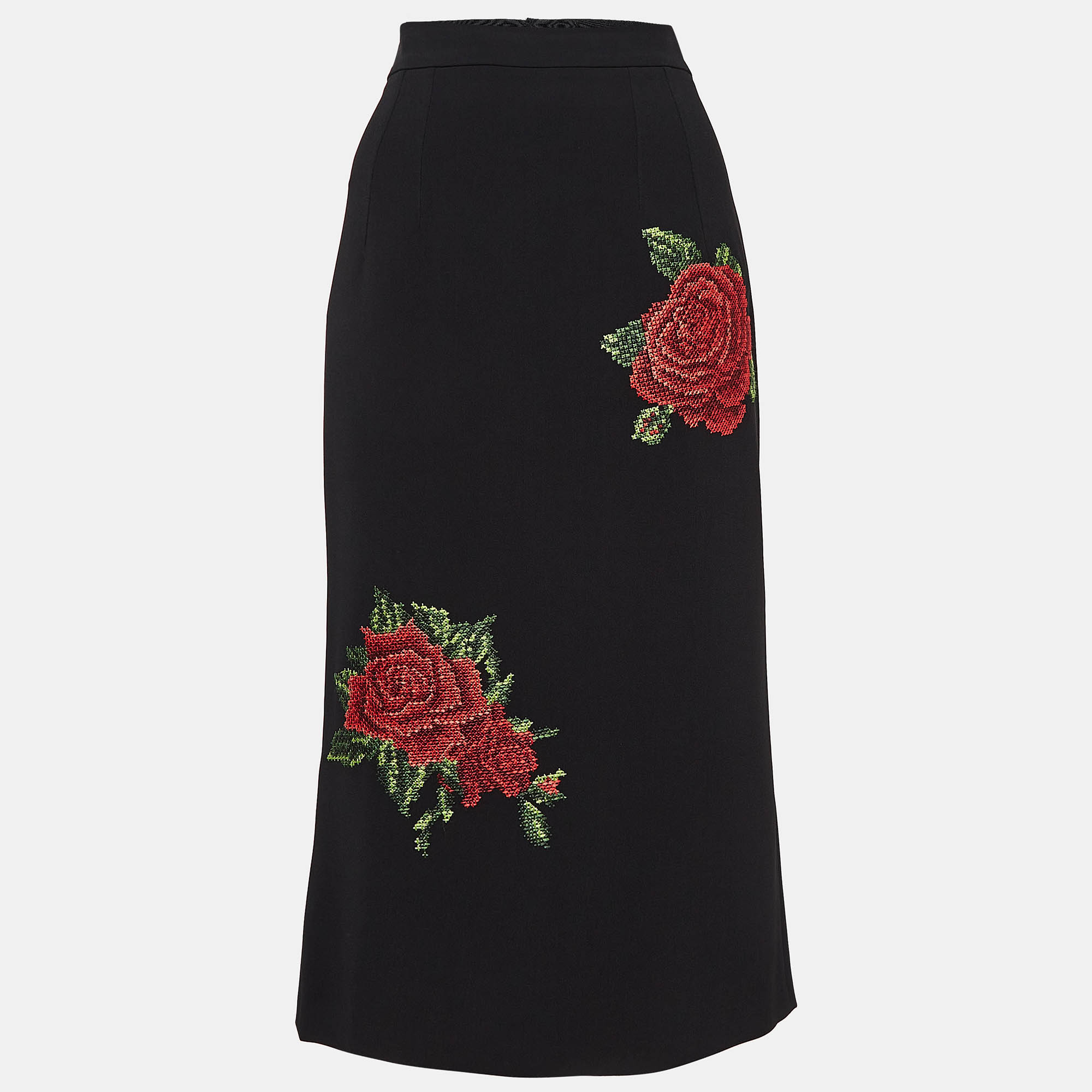 

Dolce & Gabbana Black Rose Embroidered Crepe Pencil Skirt S