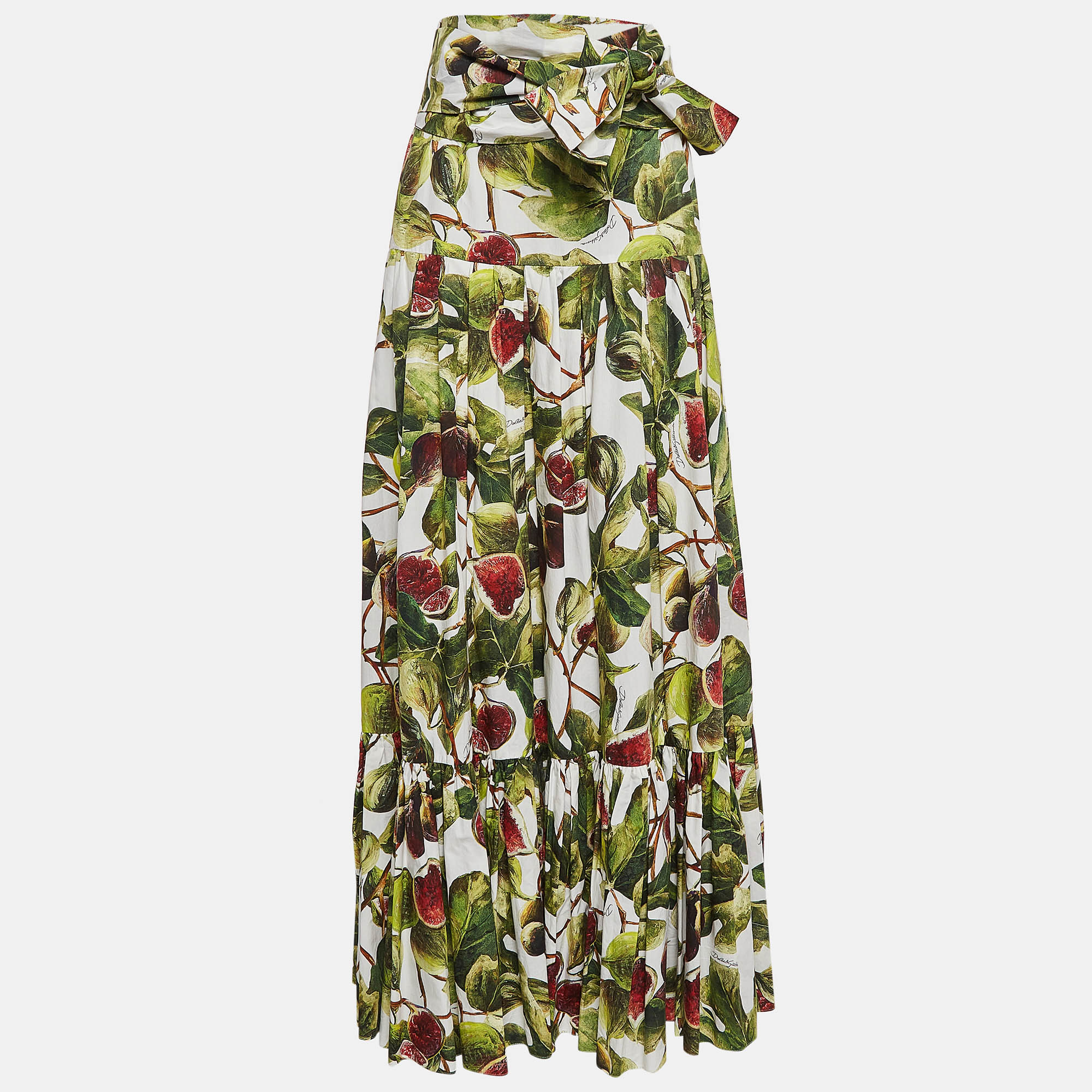 

Dolce & Gabbana White Fig Printed Cotton A-Line Maxi Skirt S