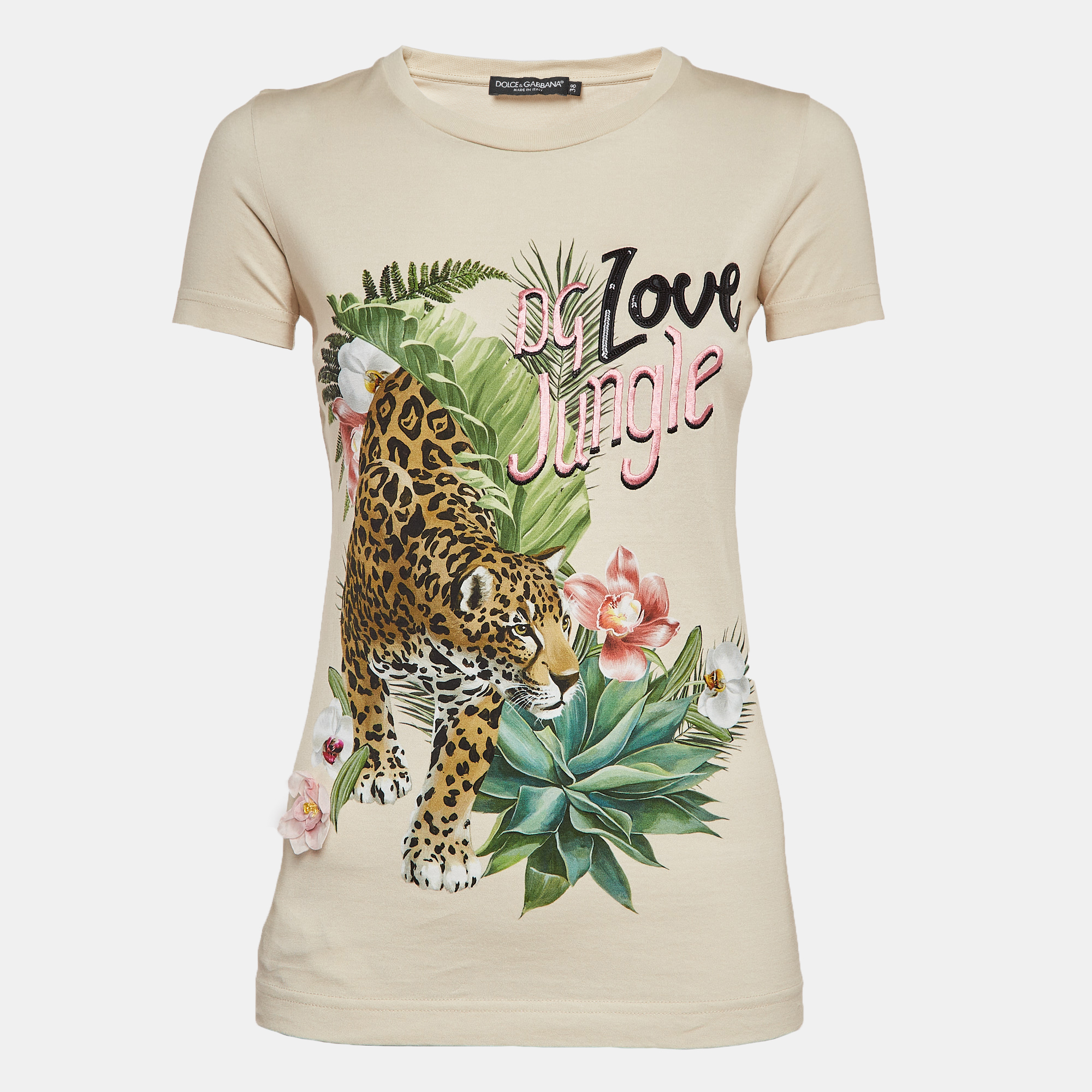 

Dolce and Gabbana Beige Jungle Printed & Embroidered Cotton Knit T-Shirt S