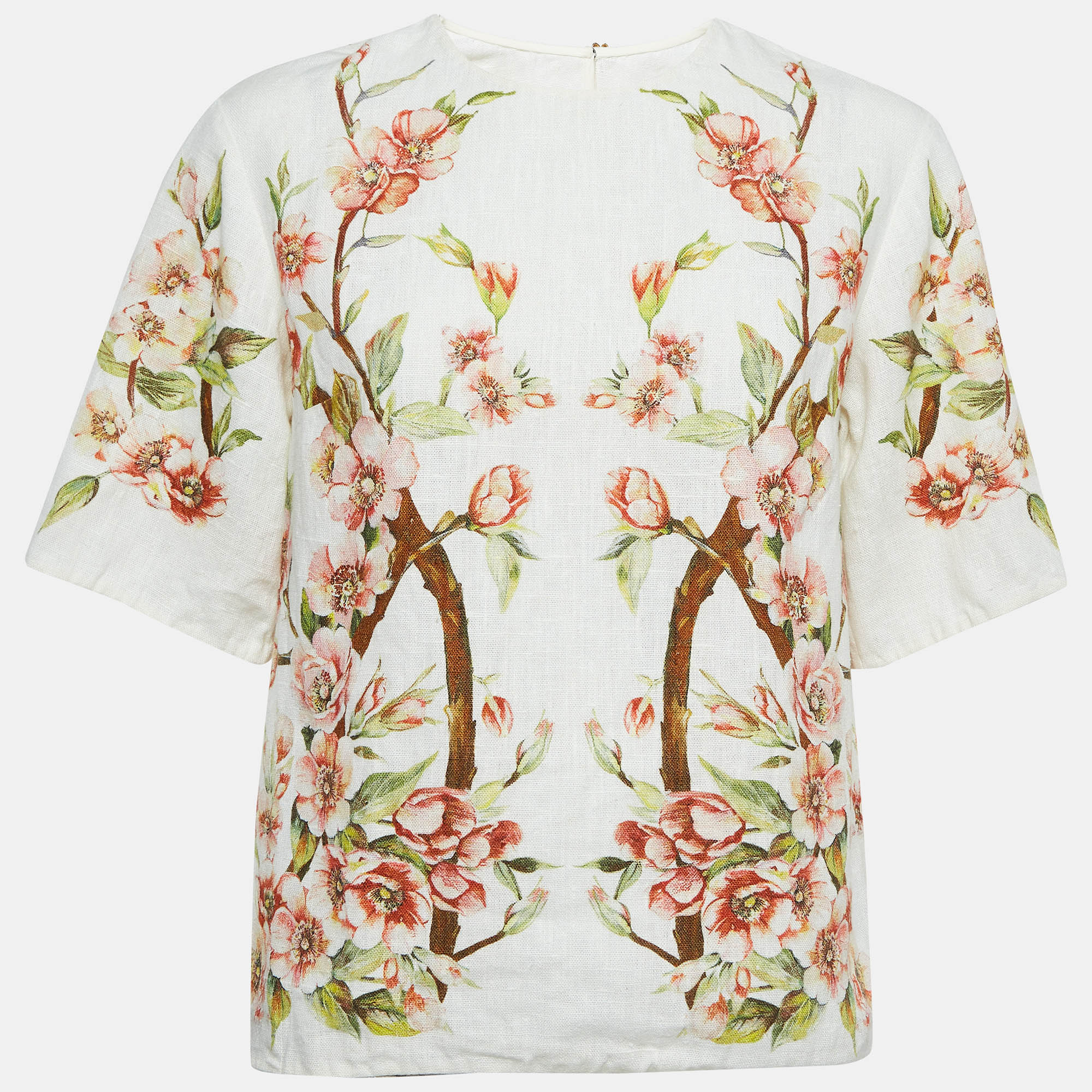 Pre-owned Dolce & Gabbana Off White Floral Print Linen Top S In Cream