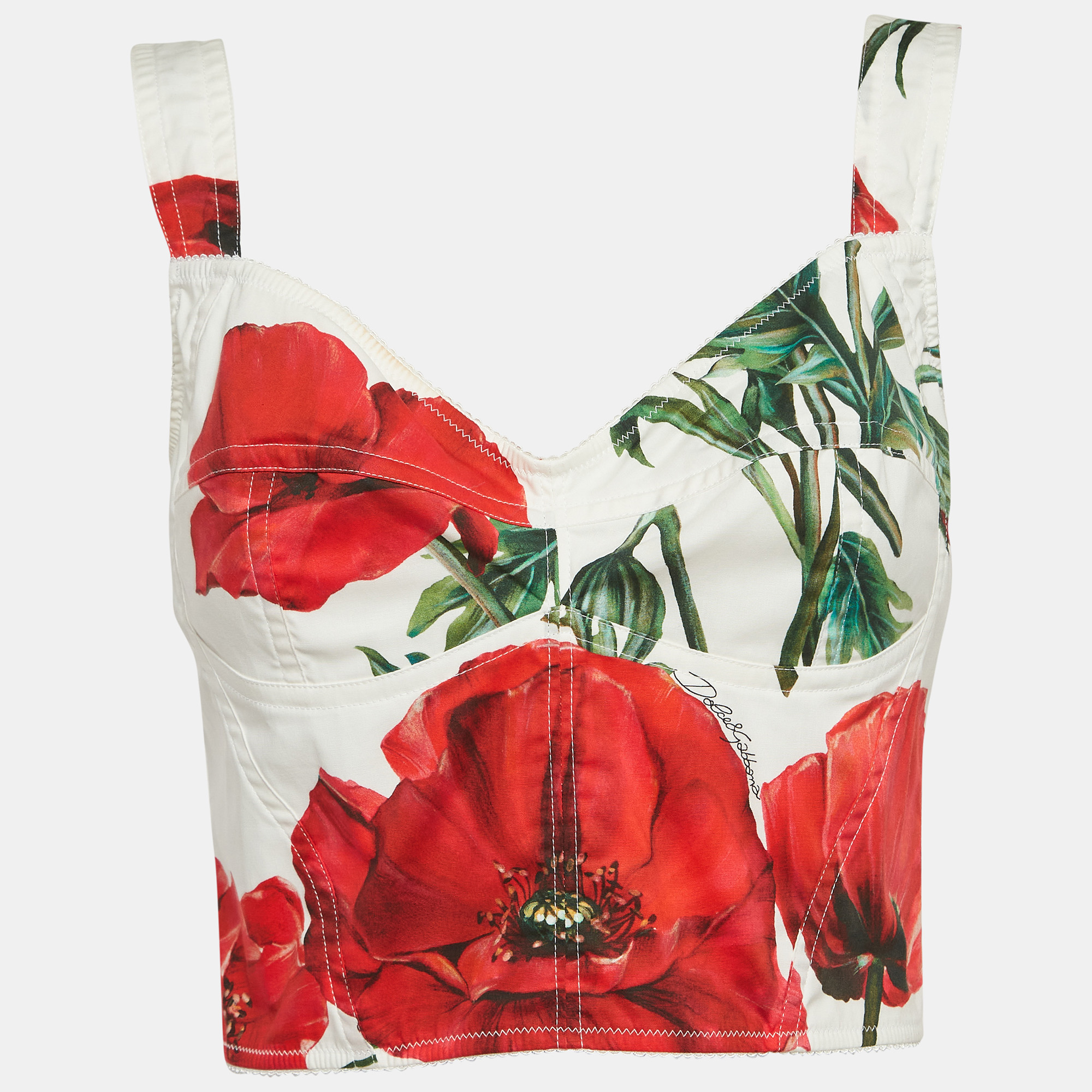 

Dolce & Gabbana White Rose Print Poplin Crop Top M