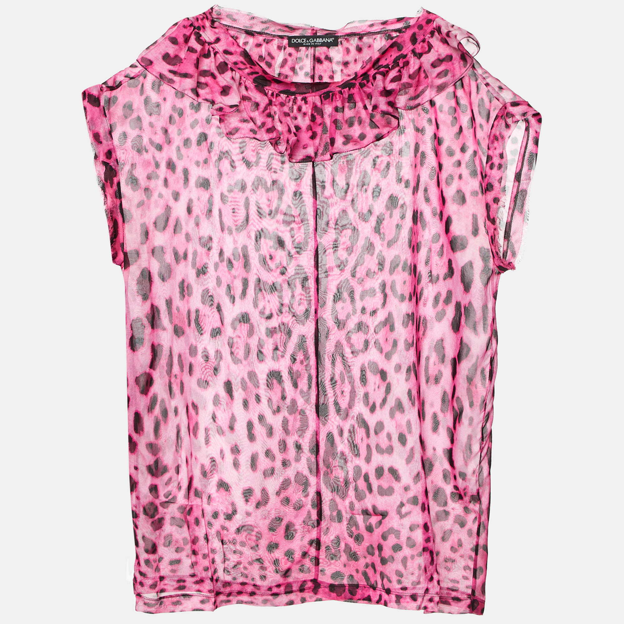 

Dolce & Gabbana Pink Leopard Print Silk Ruffle Top L