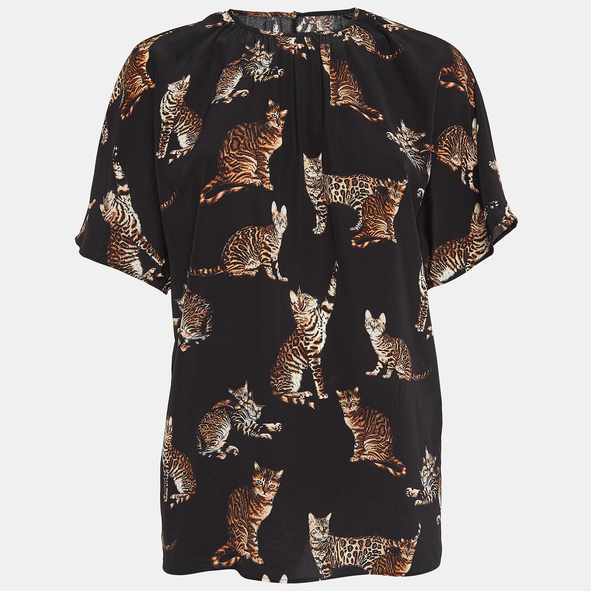 Pre-owned Dolce & Gabbana Black Cat Print Silk Top S