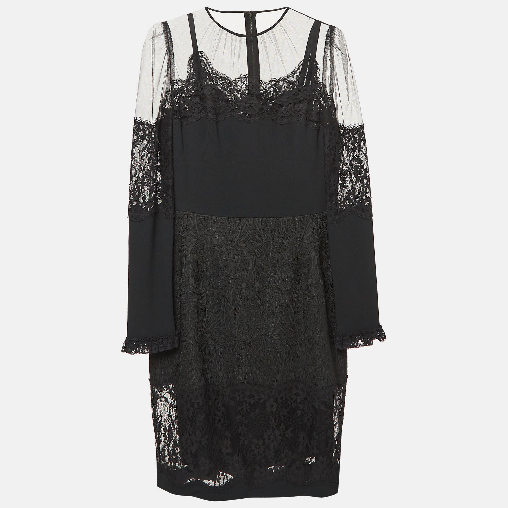 

Dolce & Gabbana Black Lace Trim Tulle and Jacquard Midi Dress M