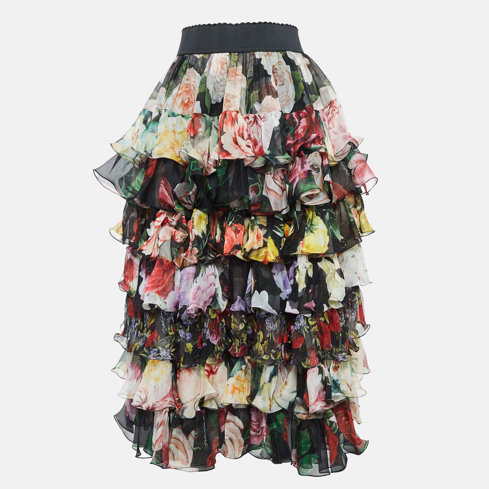 

Dolce & Gabbana Black Multicolor Floral Print Silk Ruffled Skirt M