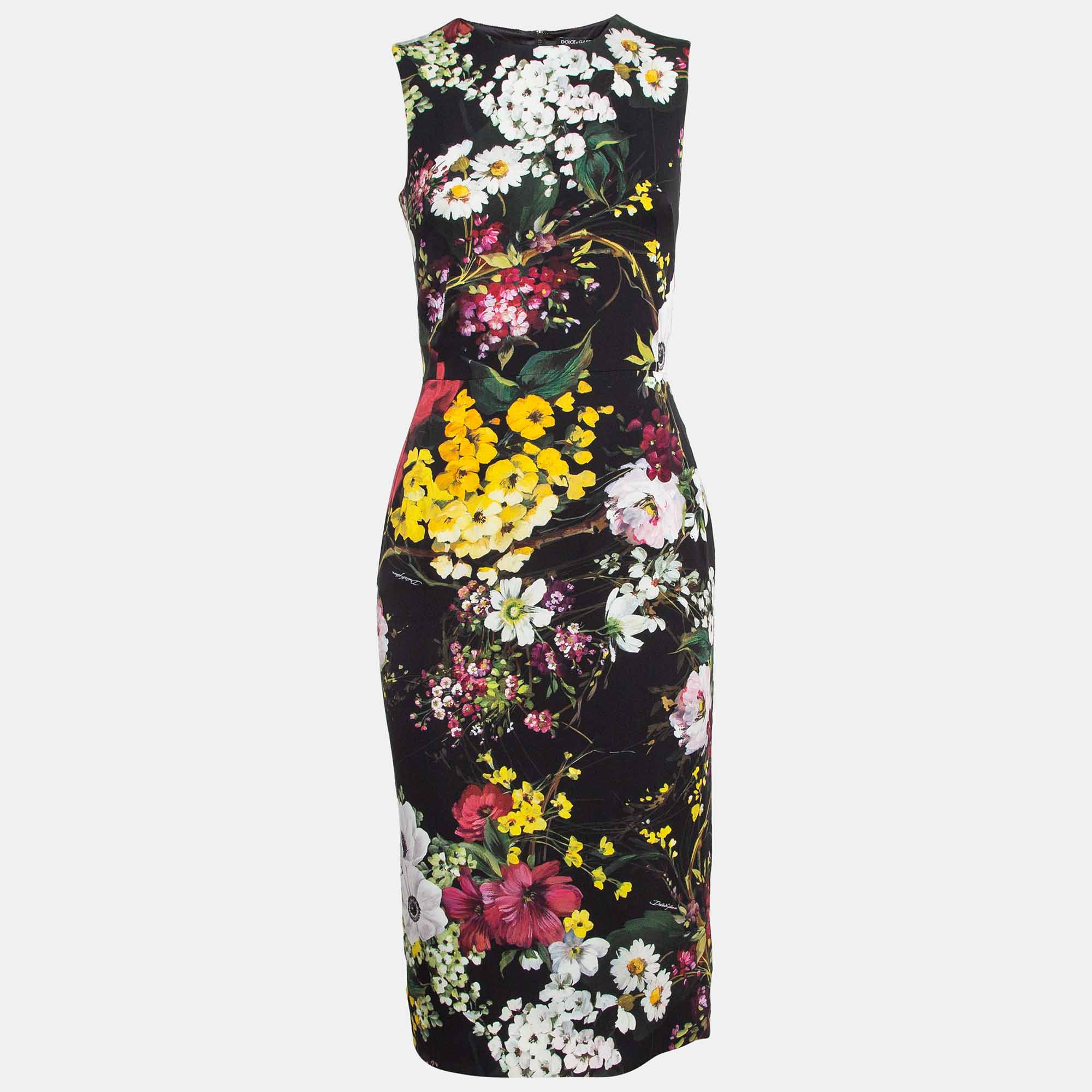 Pre-owned Dolce & Gabbana Black Floral Print Silk Sheath Dress S