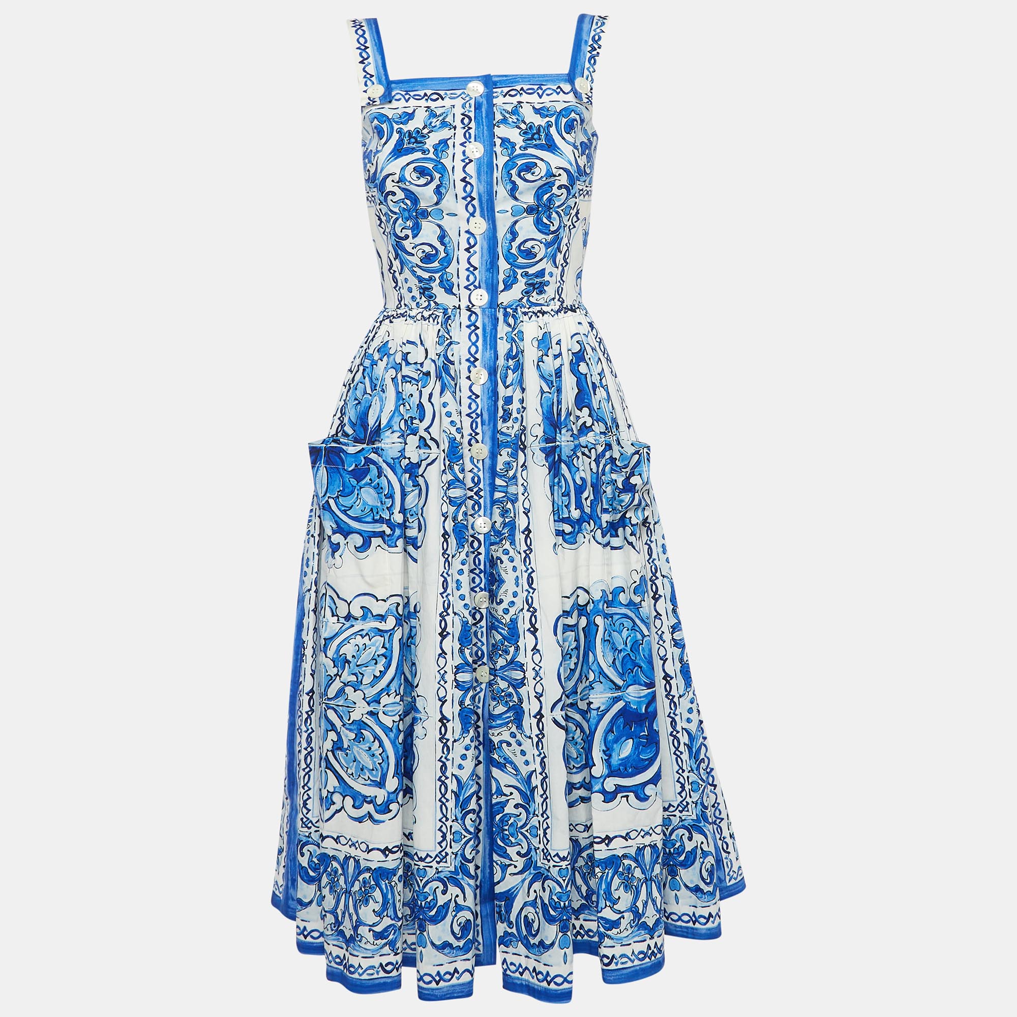 

Dolce & Gabbana Blue Majolica Print Cotton Pleated Midi Dress S