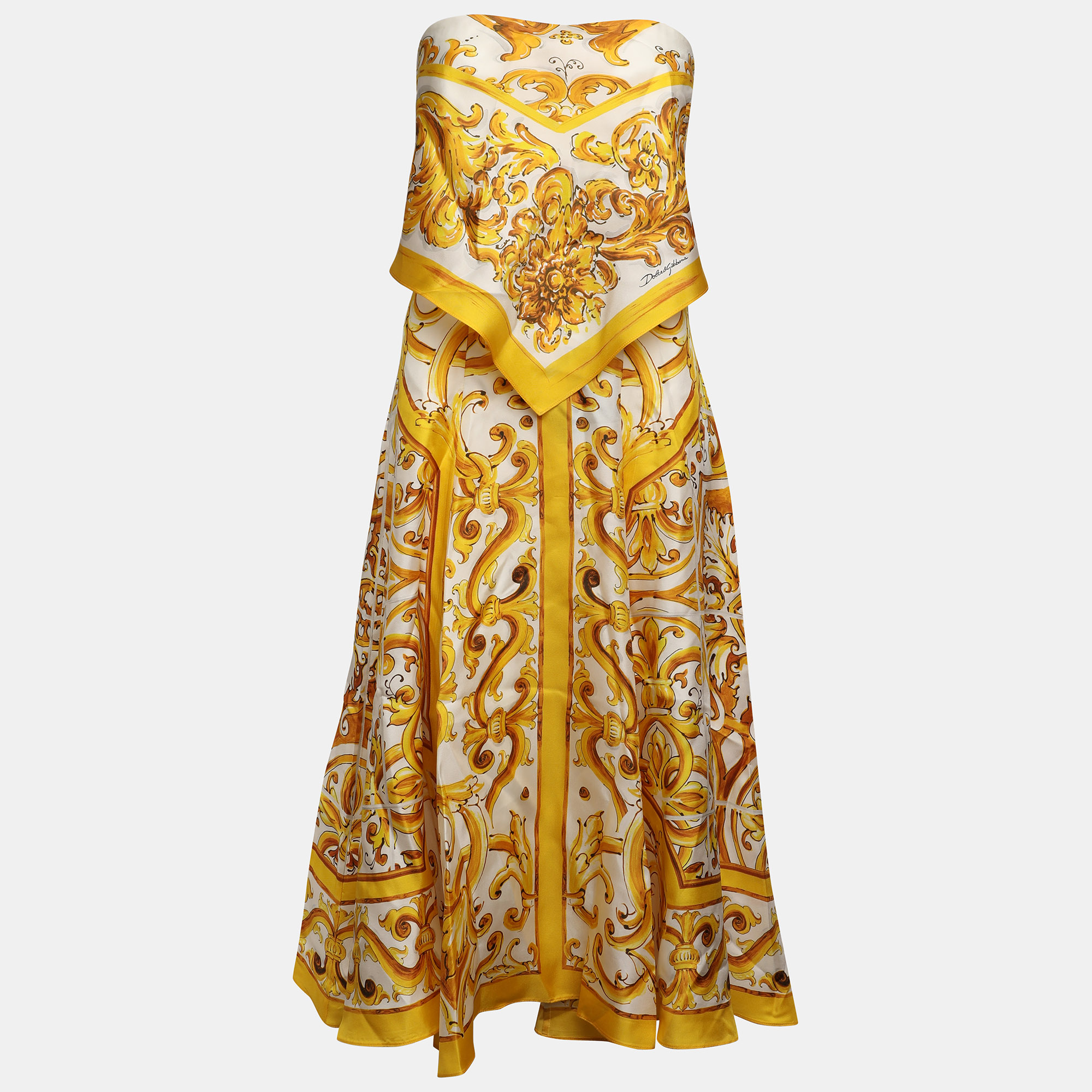 

Dolce & Gabbana Yellow/White Majolica Print Silk Scarf Midi Dress S