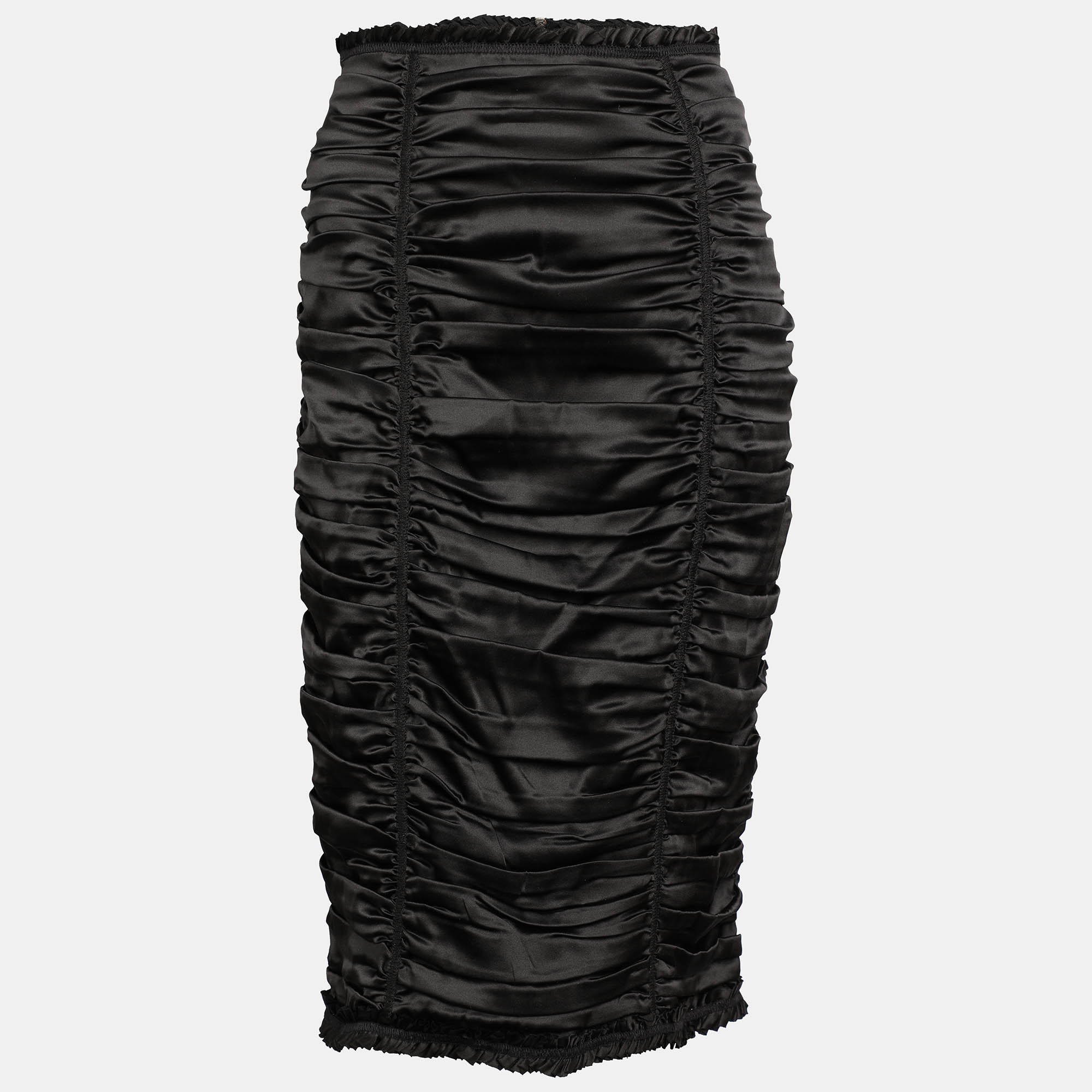 

D&G Black Silk Ruched Detail Midi Skirt L